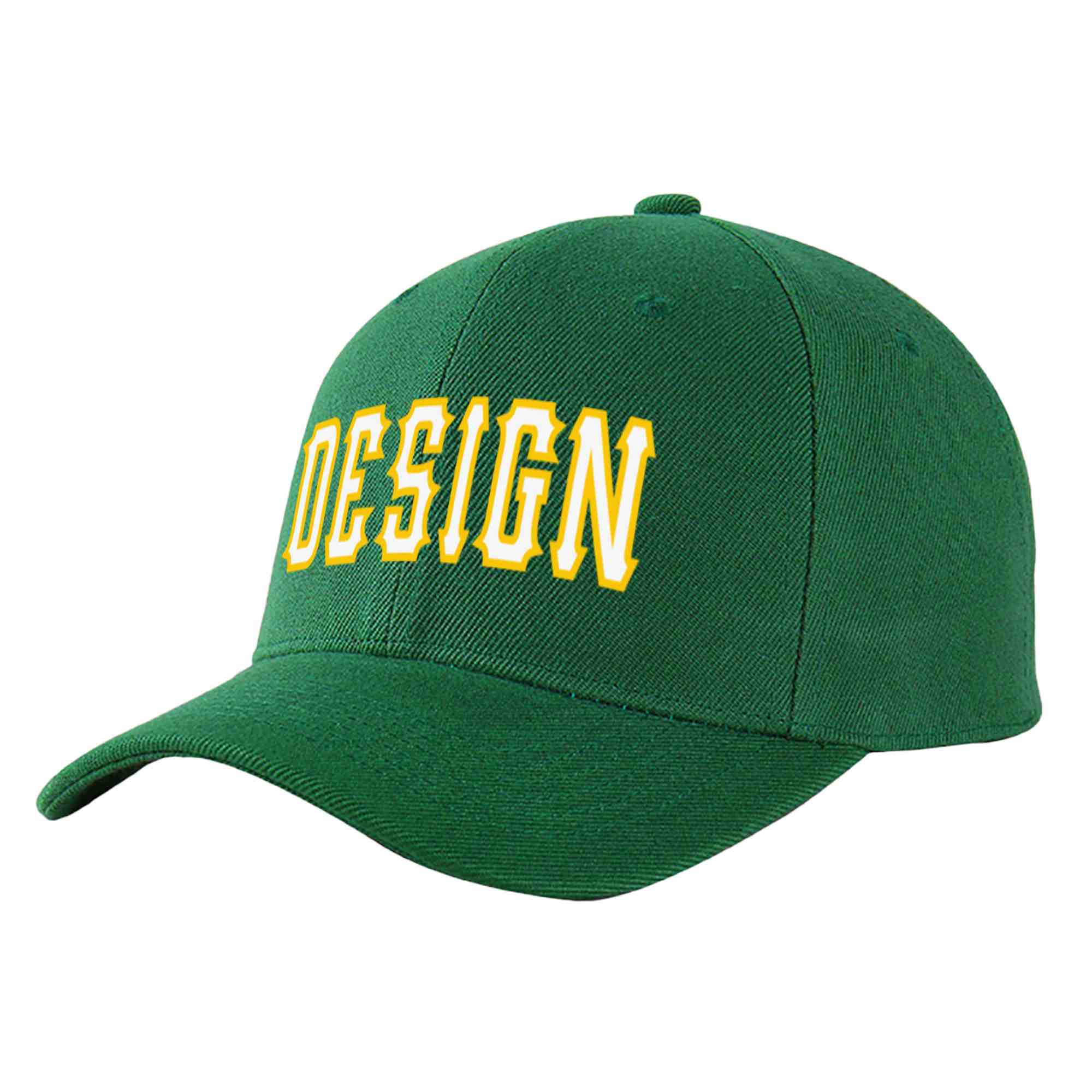 Casquette de baseball courbée personnalisée vert blanc-or avec avant-toit et design sportif