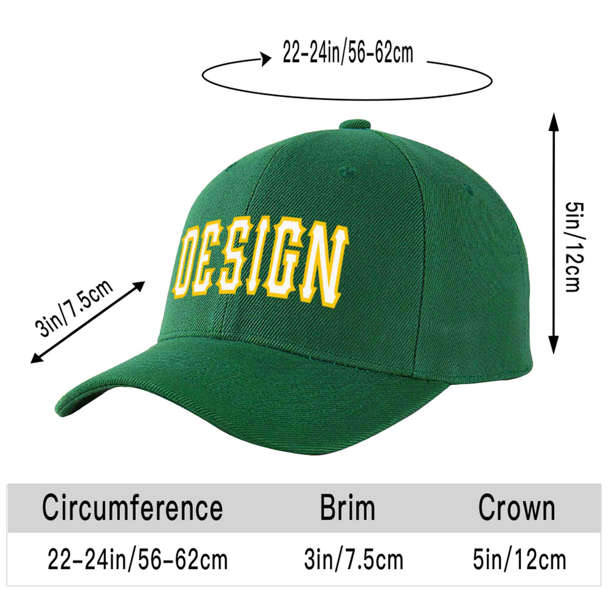 Casquette de baseball courbée personnalisée vert blanc-or avec avant-toit et design sportif