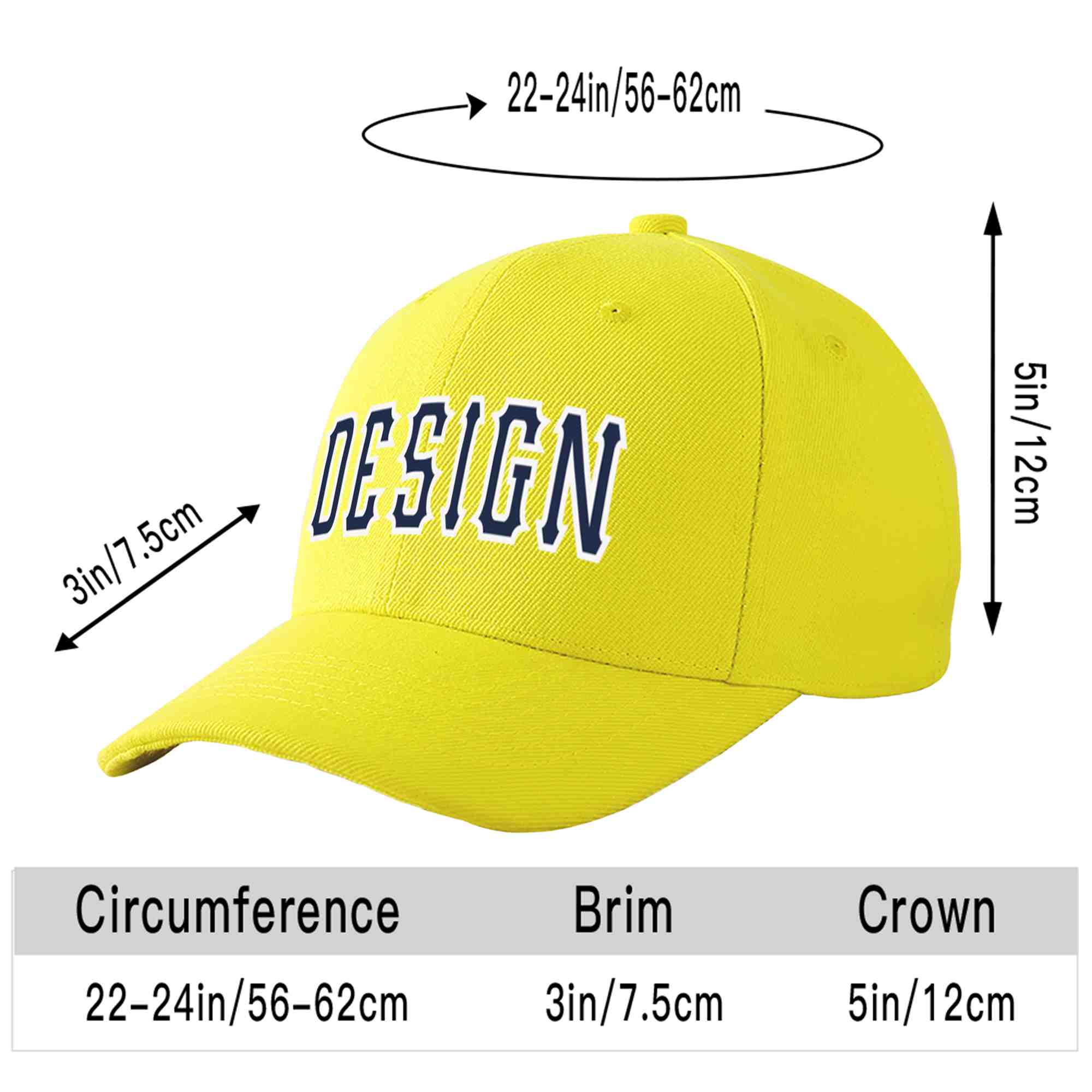 Casquette de baseball personnalisée jaune marine-blanc avec avant-toit incurvé