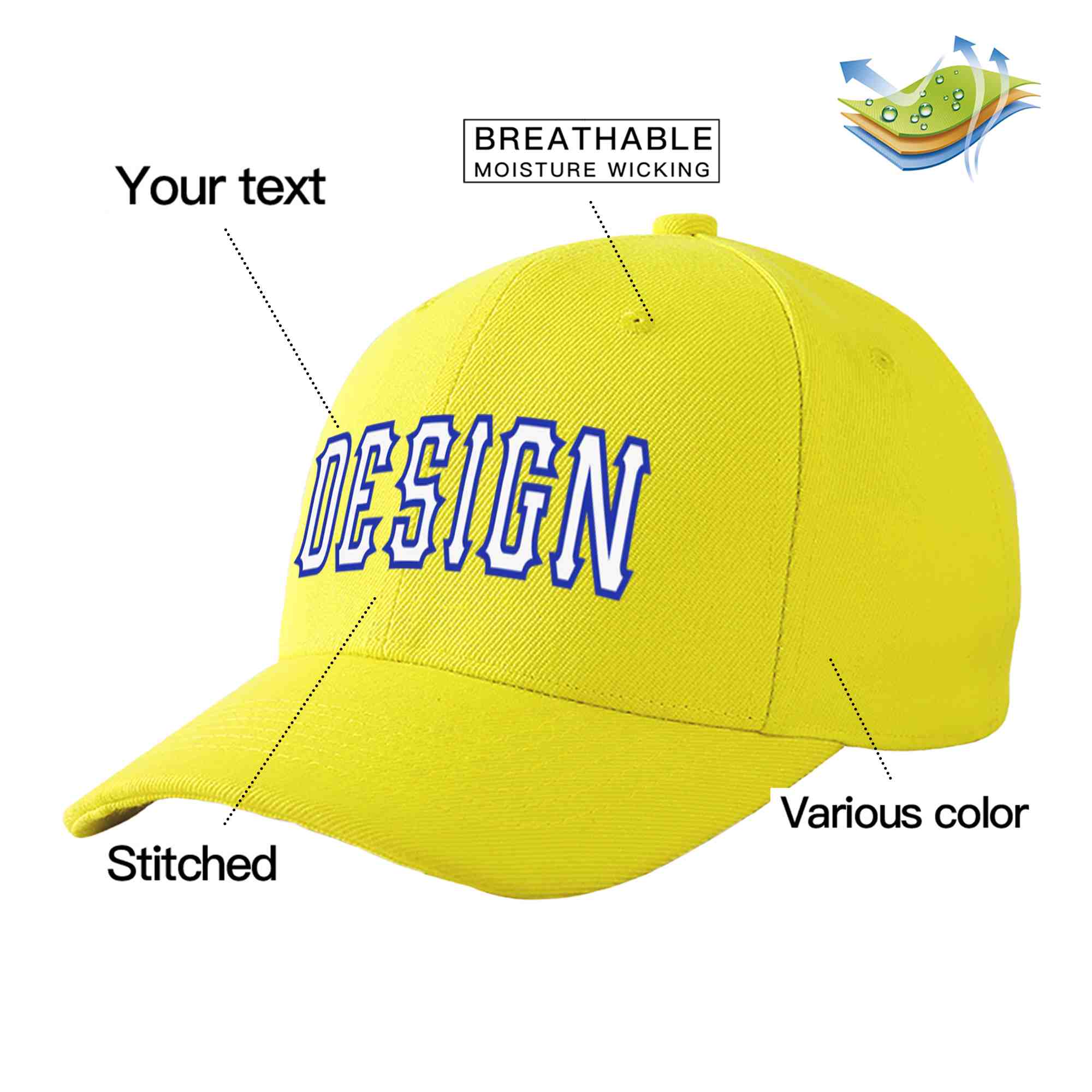 Casquette de baseball personnalisée jaune royal-blanc courbé Eaves Sport Design