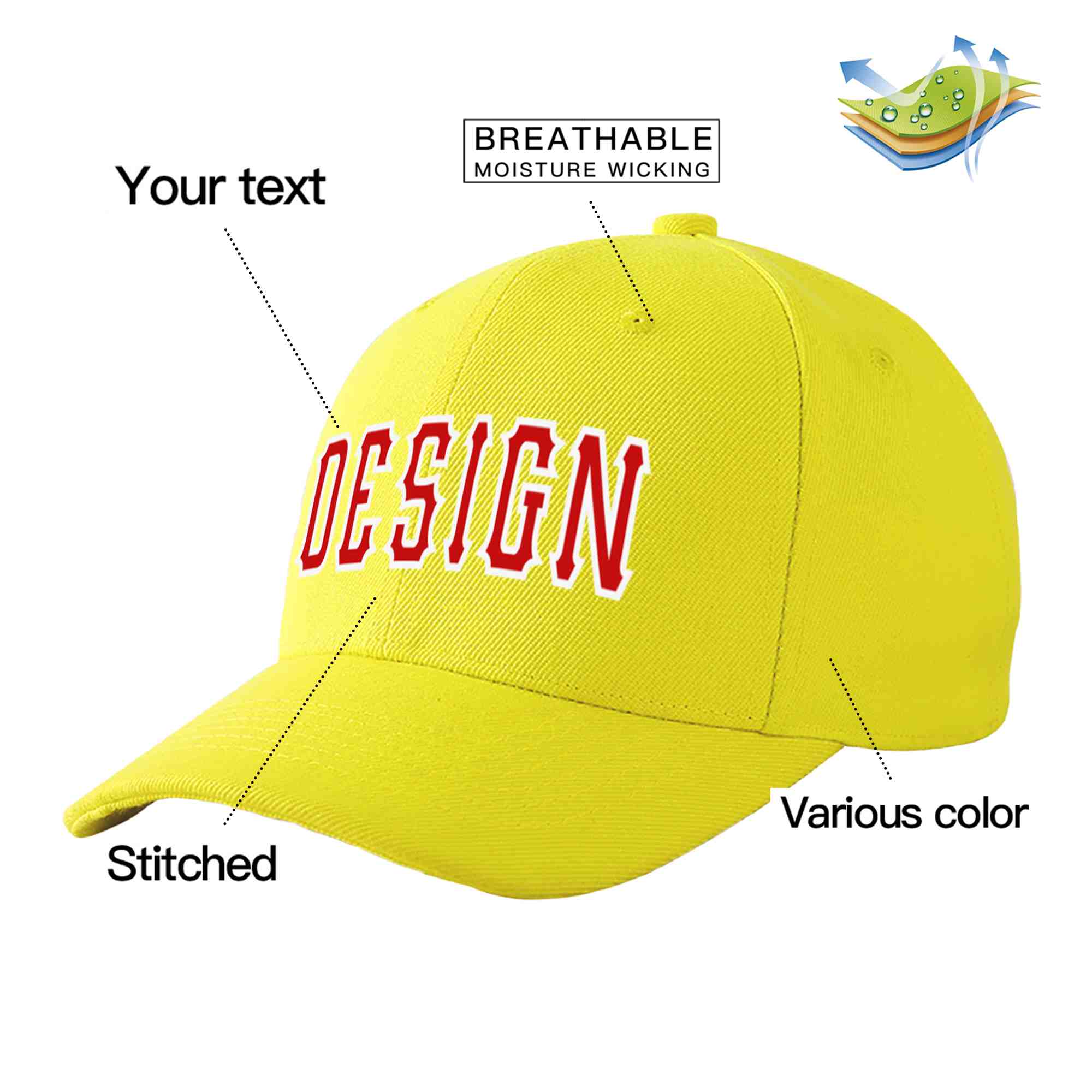 Casquette de baseball personnalisée jaune rouge-blanc avec avant-toit incurvé