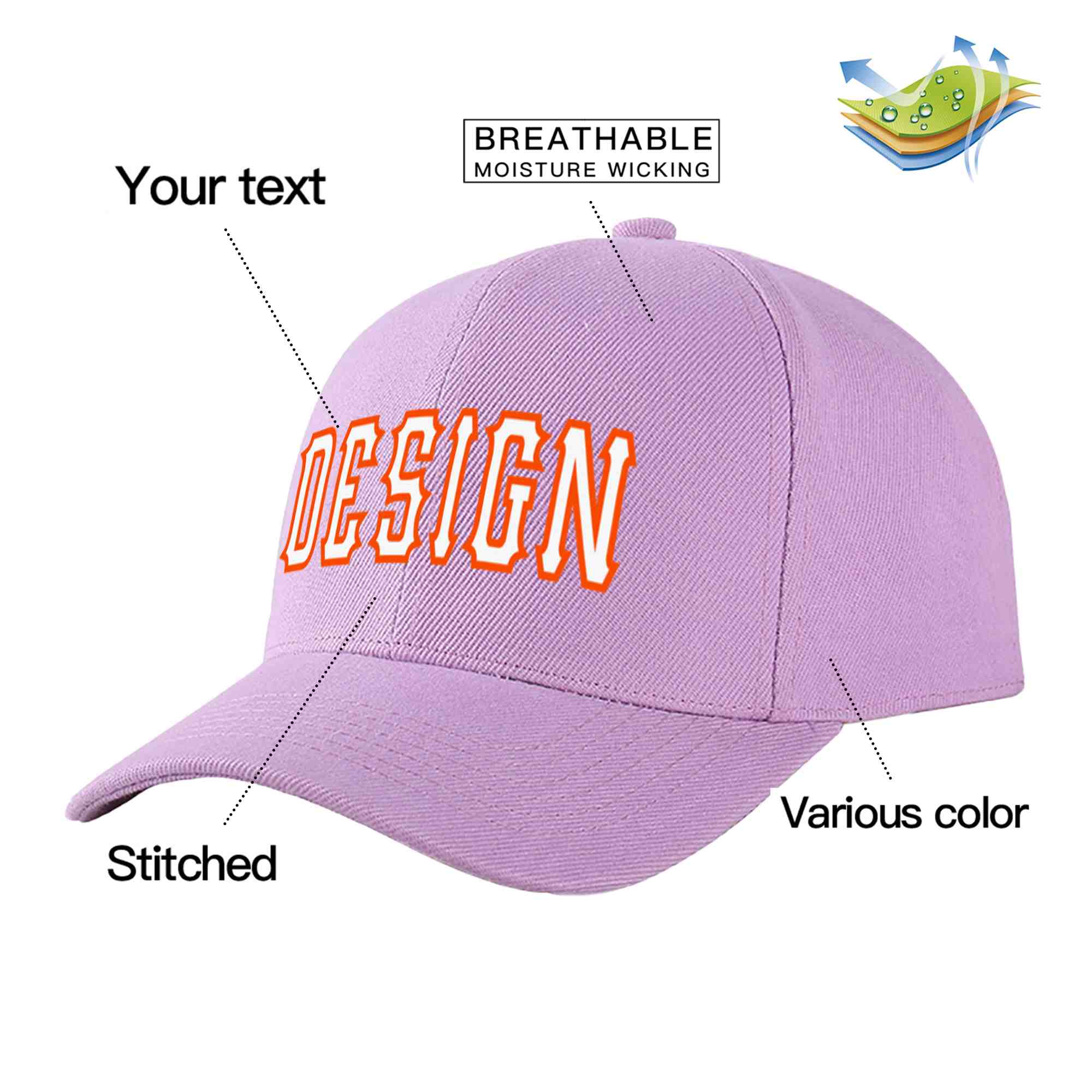 Casquette de baseball personnalisée, violet clair, blanc-orange, courbée, design sportif