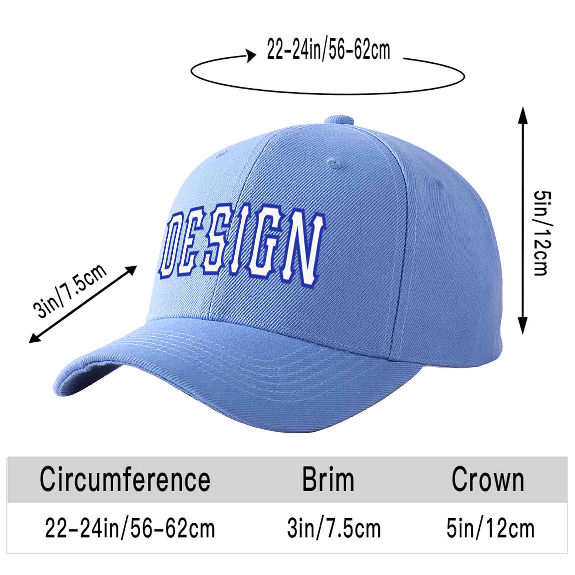 Custom Sky Blue White-Royal Curved Eaves Sport Design Baseball Cap