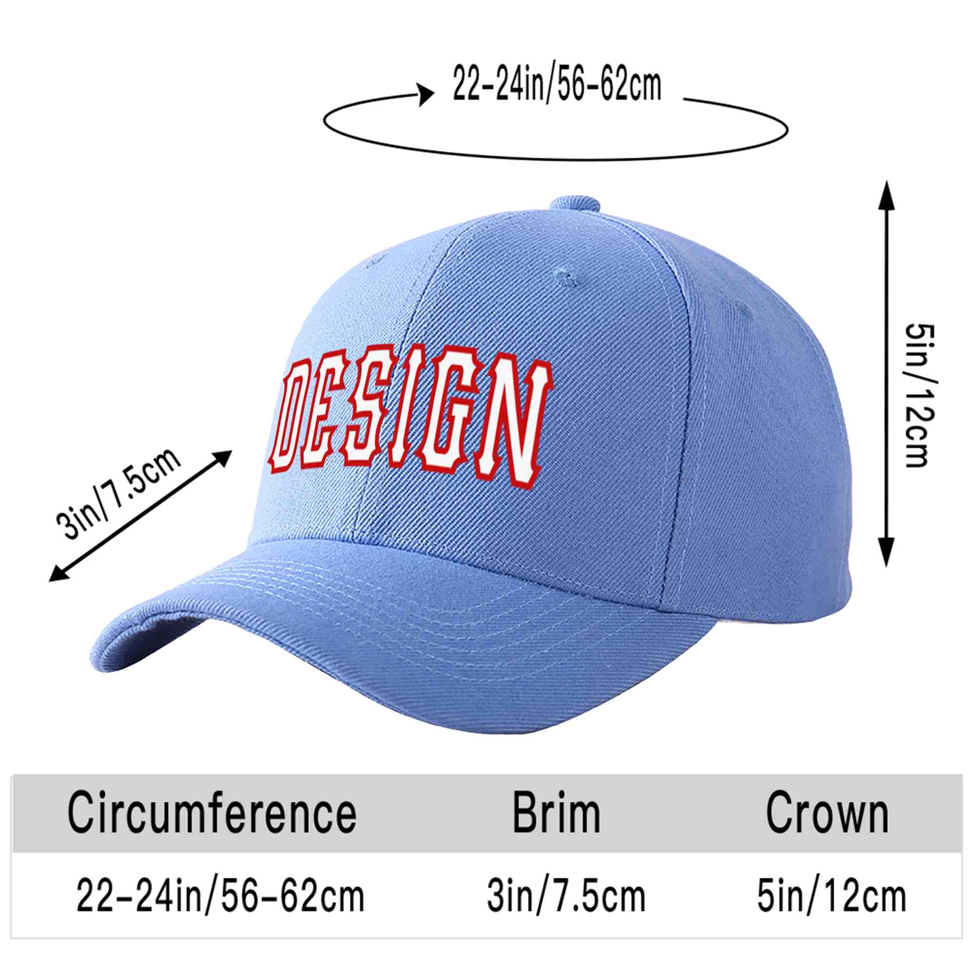 Casquette de baseball personnalisée bleu ciel blanc-rouge avec avant-toit incurvé