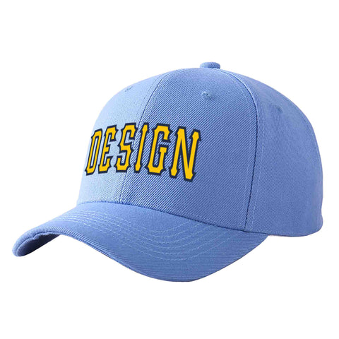 Custom Sky Blue Gold-Navy Curved Eaves Sport Design Baseball Cap