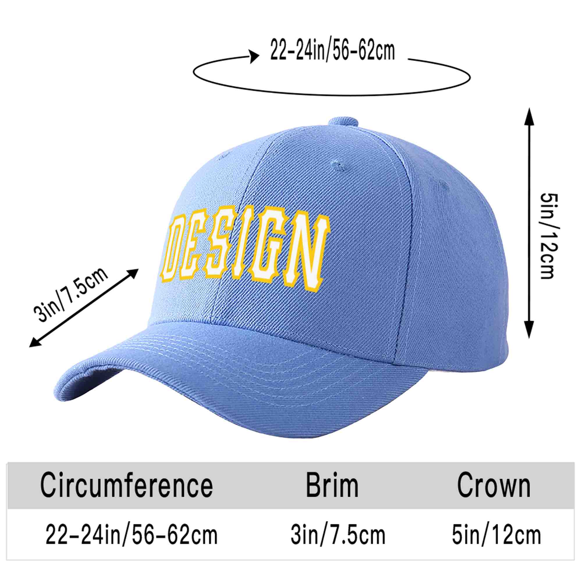 Custom Sky Blue White-Gold Curved Eaves Sport Design Baseball Cap