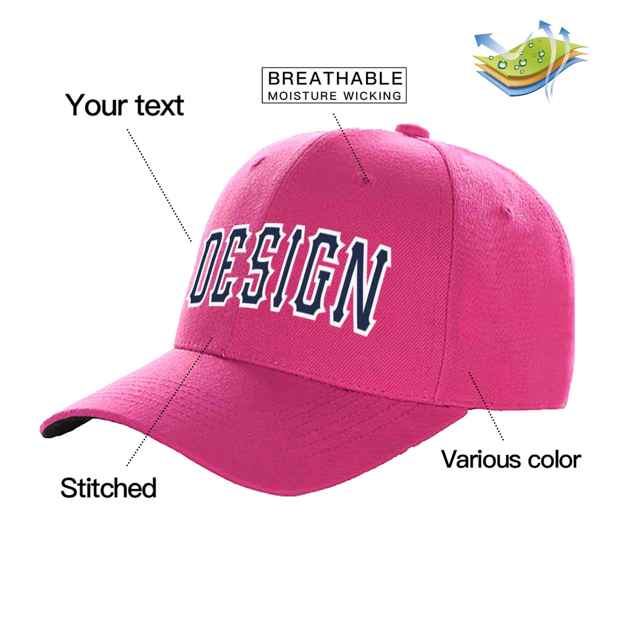 Custom Rose Red Navy-White Curved Eaves Sport Design Baseball Cap