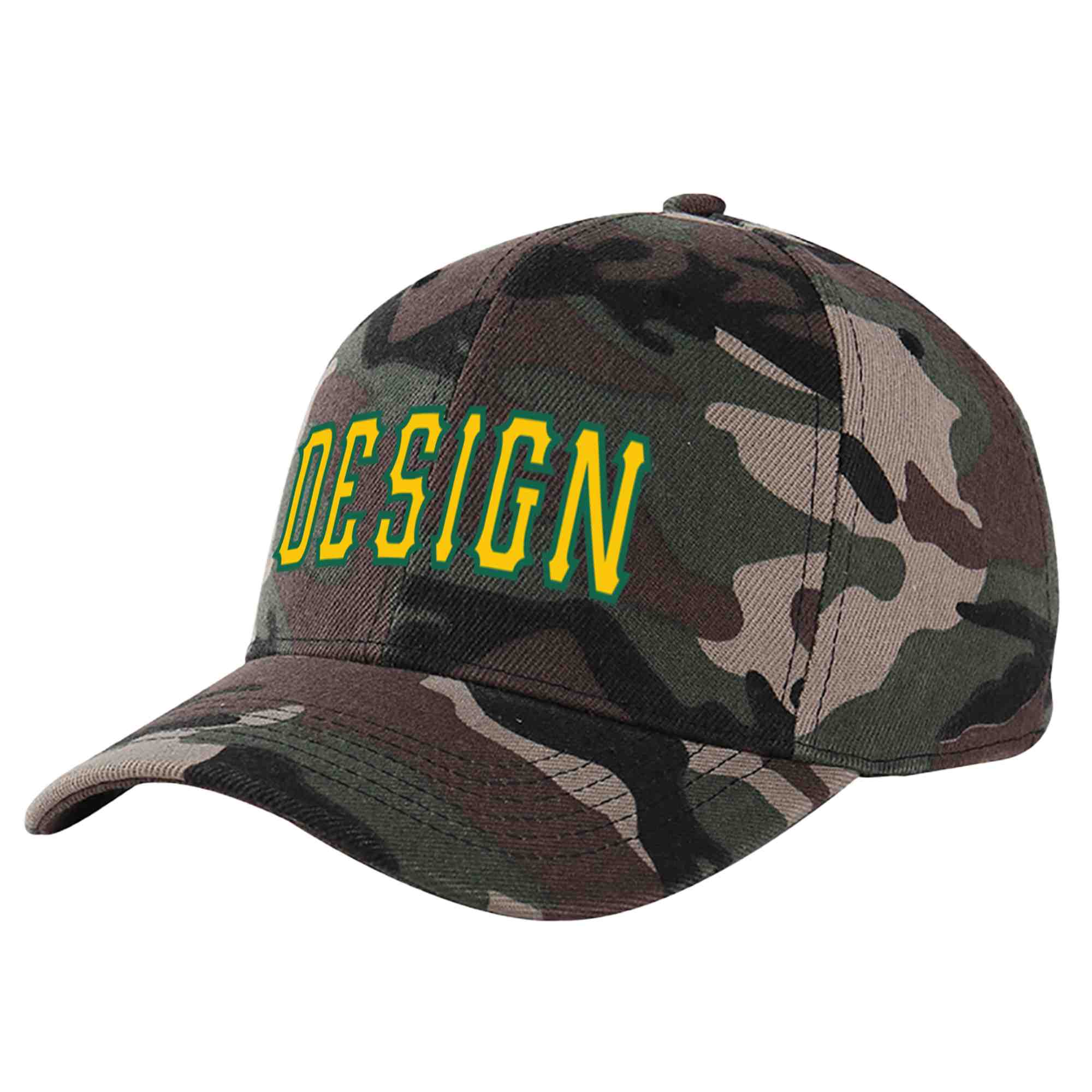 Custom Camo Gold-Kelly Green Curved Eaves Sport Design Baseball Cap