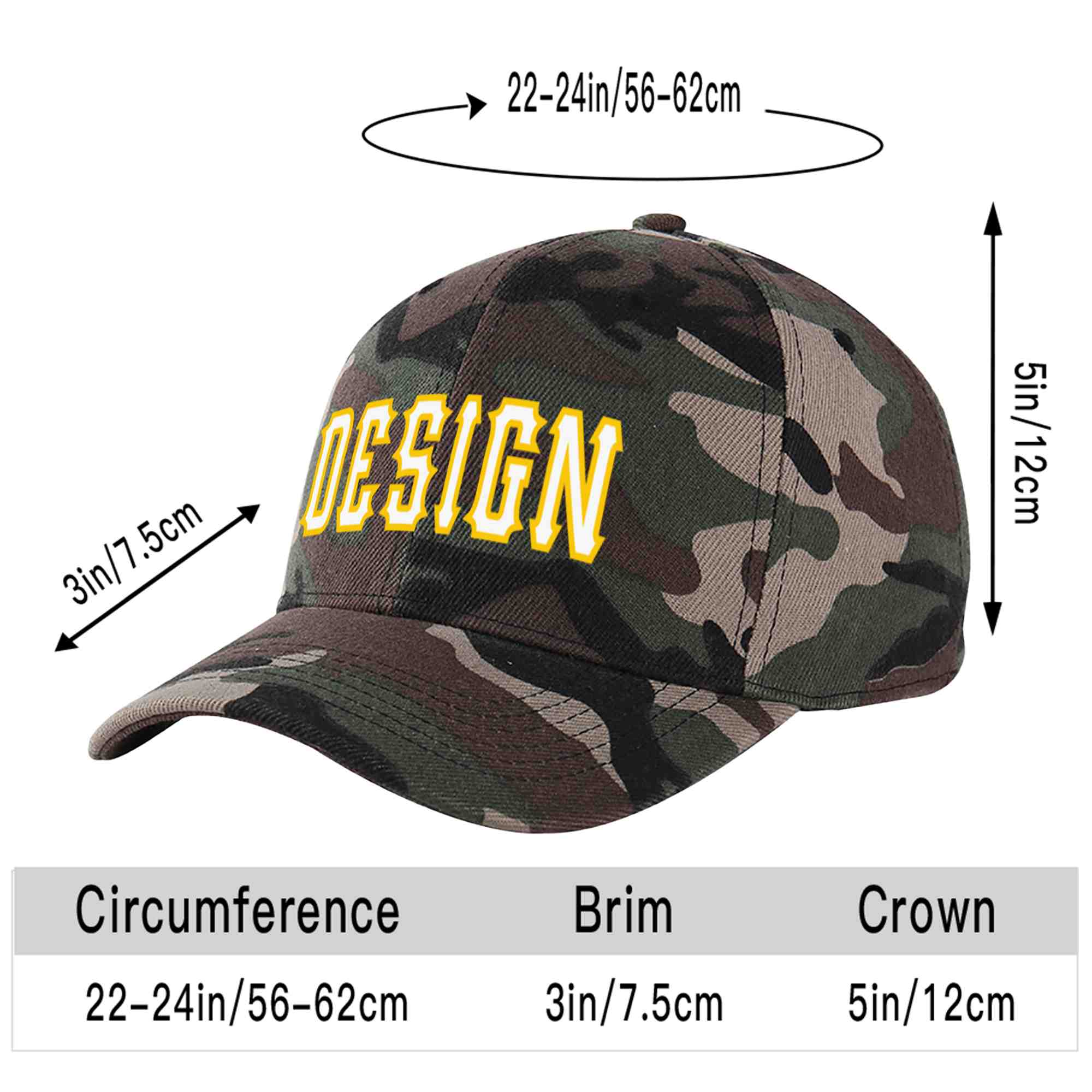 Custom Camo White-Gold Curved Eaves Sport Design Baseball Cap