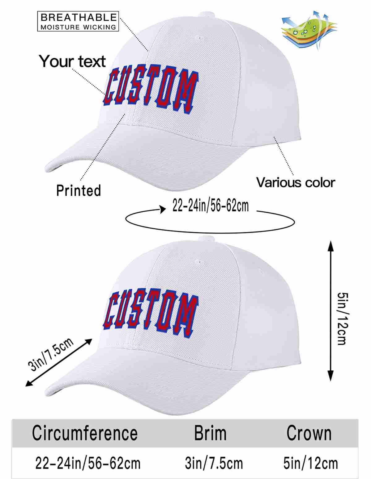 Custom White Red-Royal Curved Eaves Sport Baseball Cap Design for Men/Women/Youth