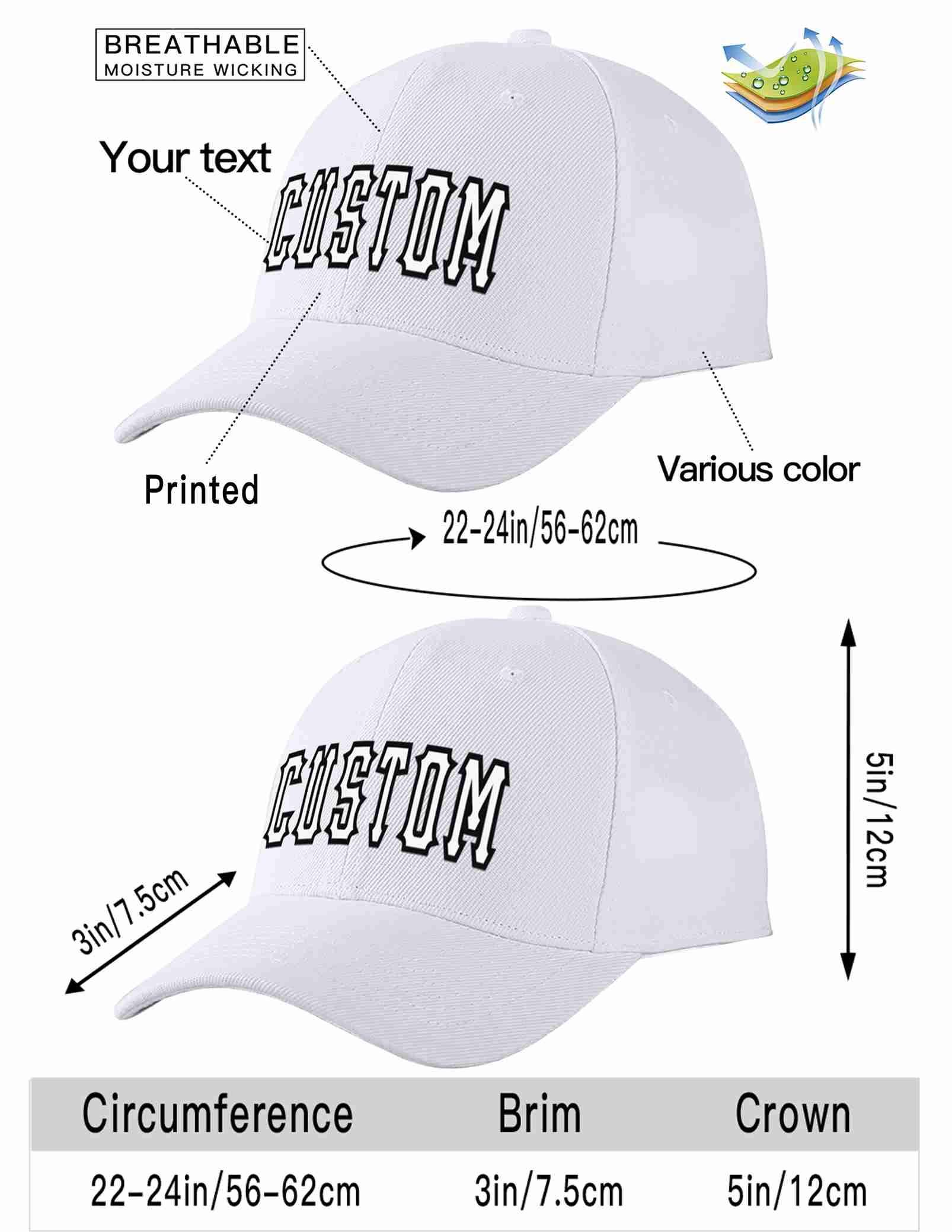 Custom White White-Black Curved Eaves Sport Baseball Cap Design for Men/Women/Youth