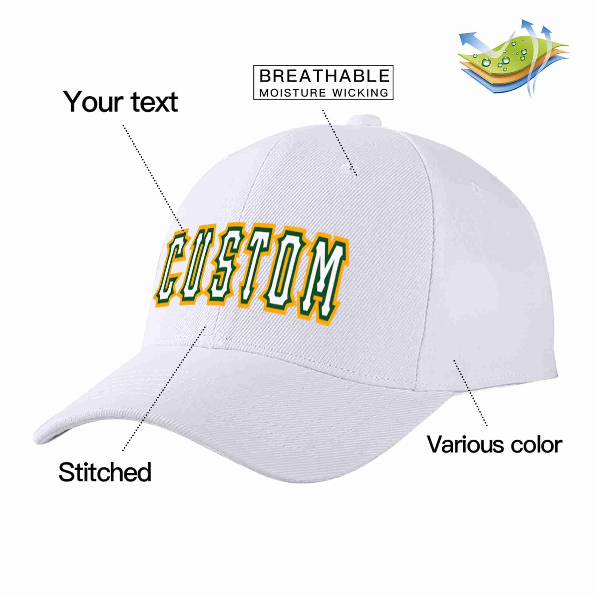 Custom White White-Kelly Green Curved Eaves Sport Baseball Cap Design for Men/Women/Youth