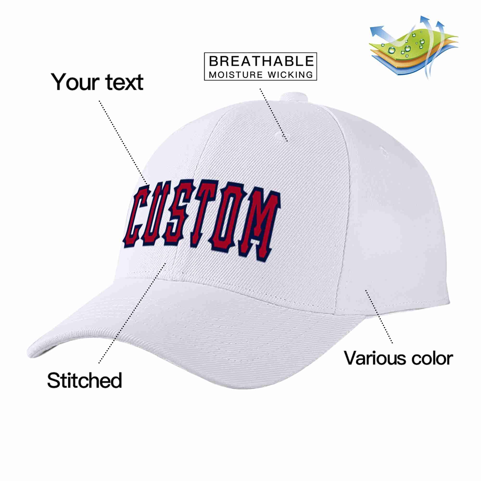 Conception personnalisée de casquette de baseball de sport incurvée blanc rouge-marine pour hommes/femmes/jeunes