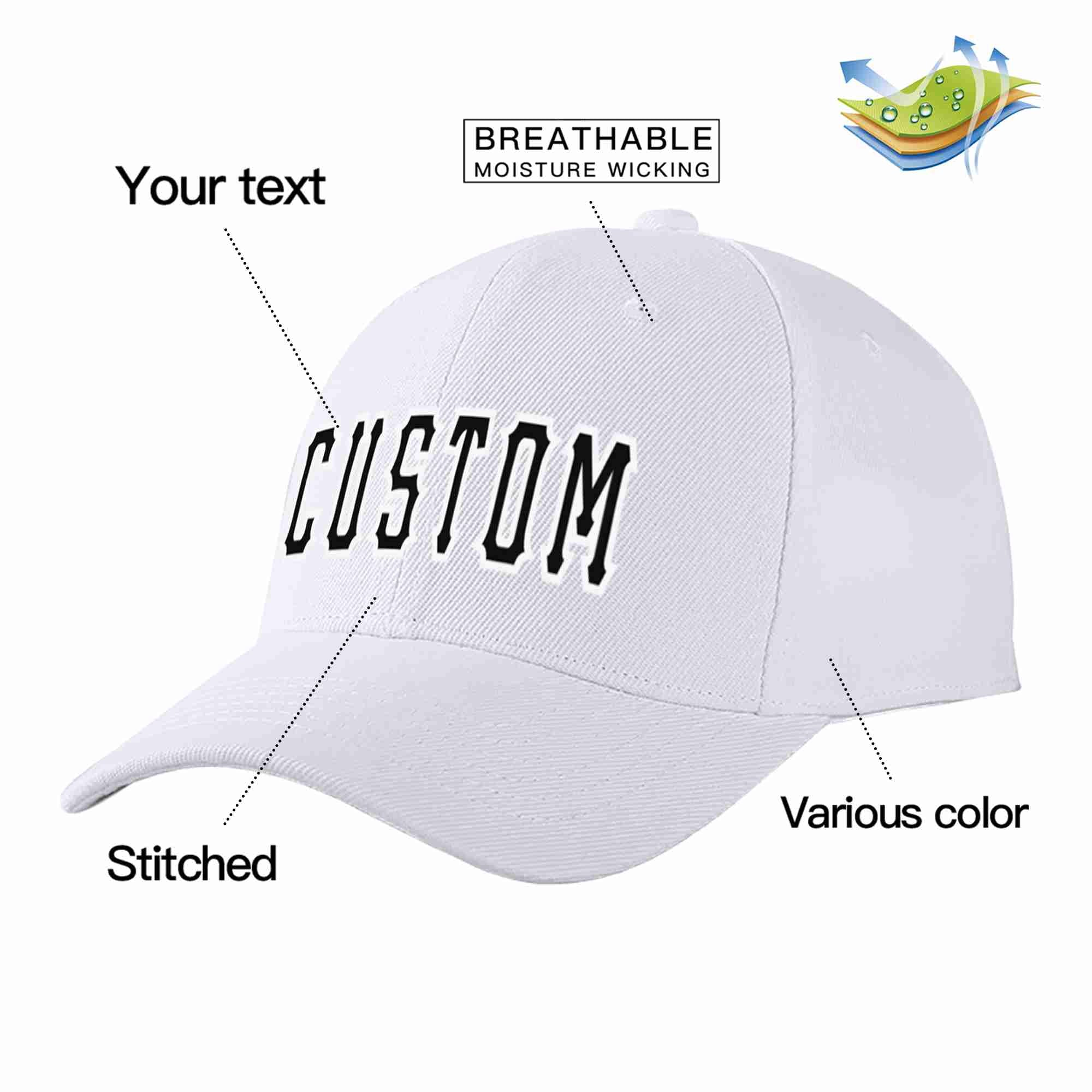 Custom White Black-White Curved Eaves Sport Baseball Cap Design for Men/Women/Youth