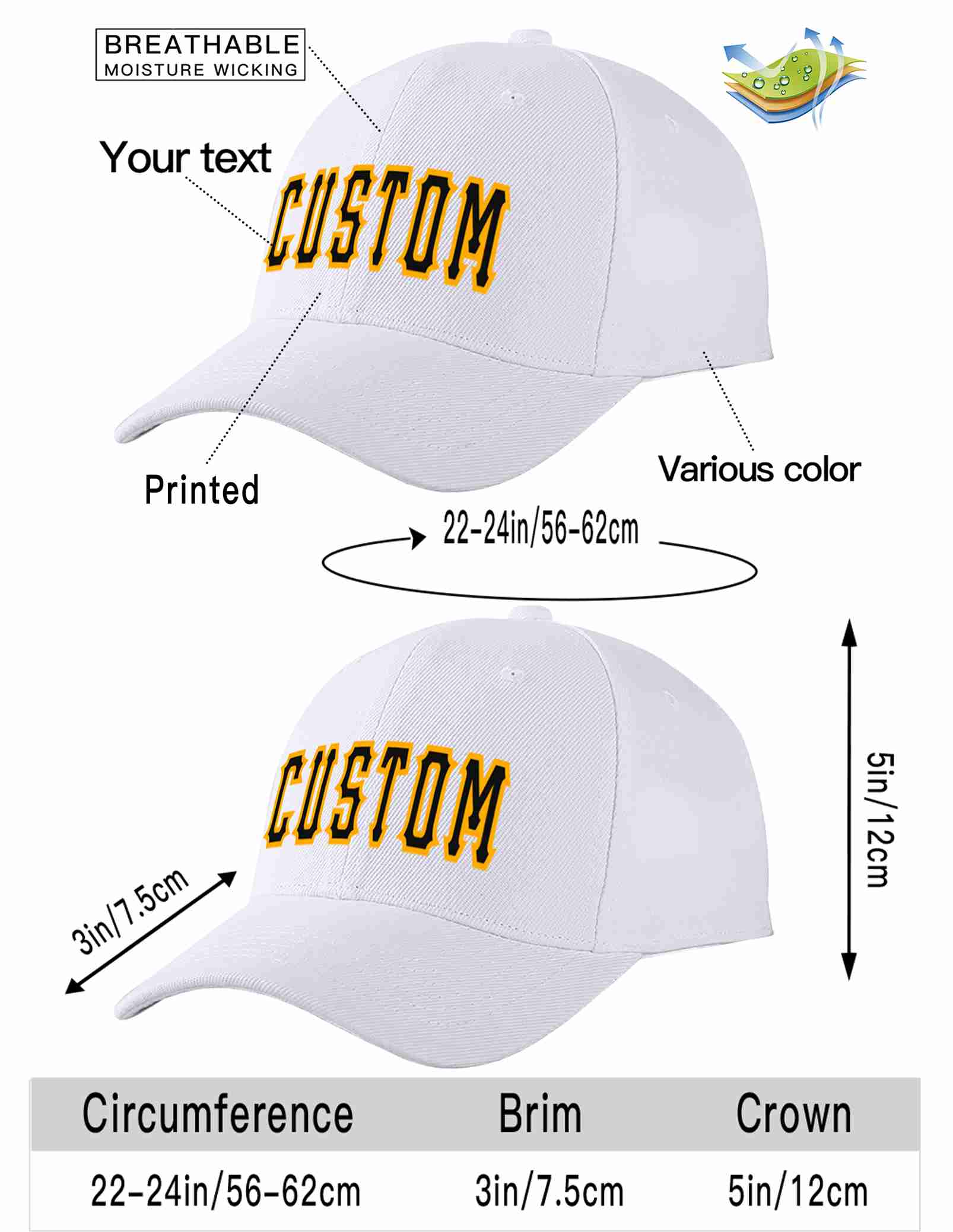 Conception personnalisée de casquette de baseball de sport incurvée blanc noir-jaune pour hommes/femmes/jeunes