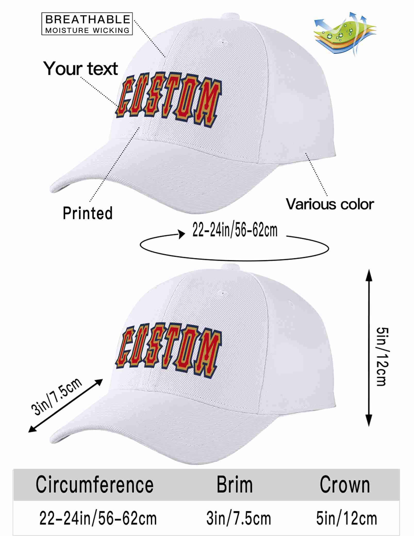 Custom White Red-Old Gold Curved Eaves Sport Baseball Cap Design for Men/Women/Youth