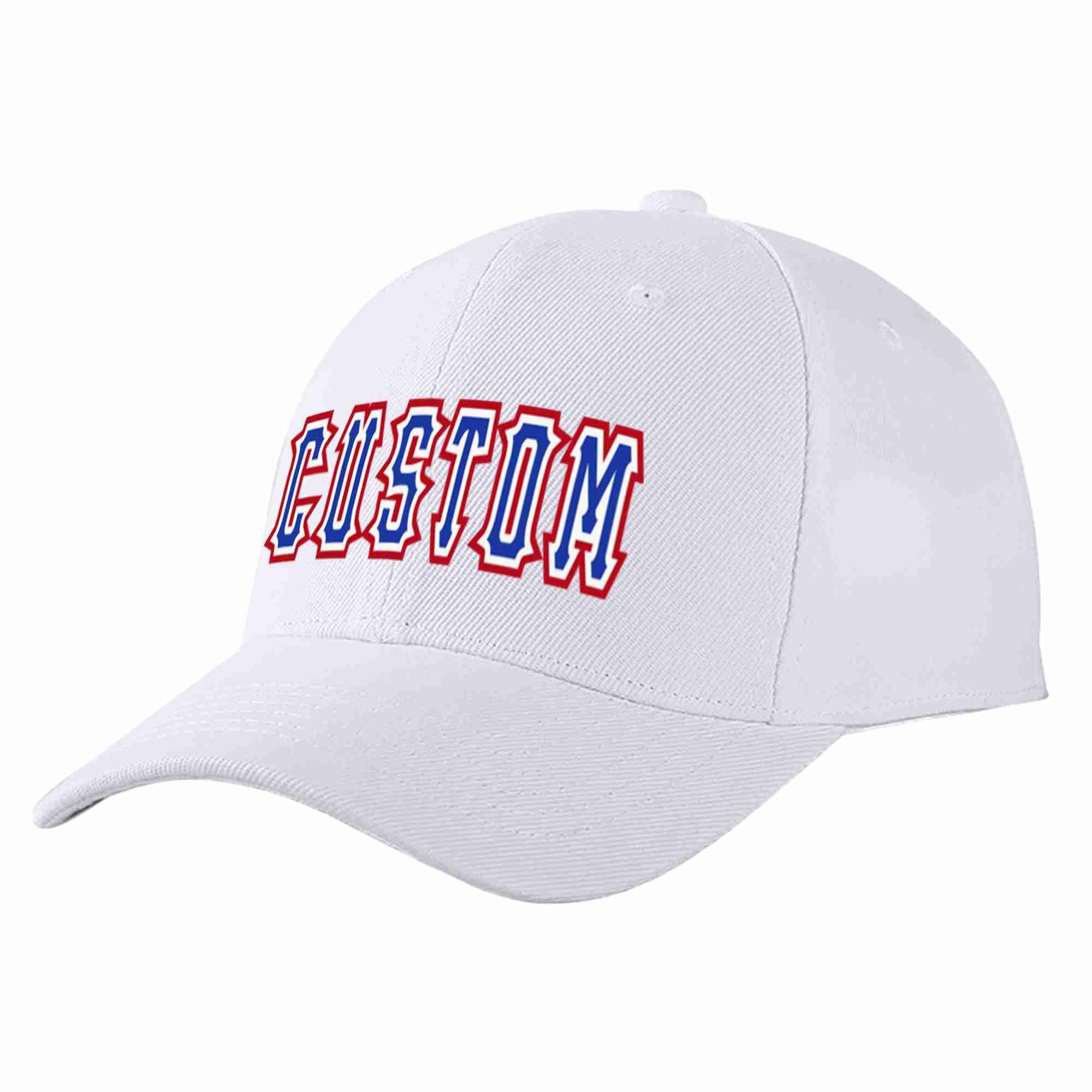 Conception personnalisée de casquette de baseball de sport incurvée blanc royal-blanc pour hommes/femmes/jeunes