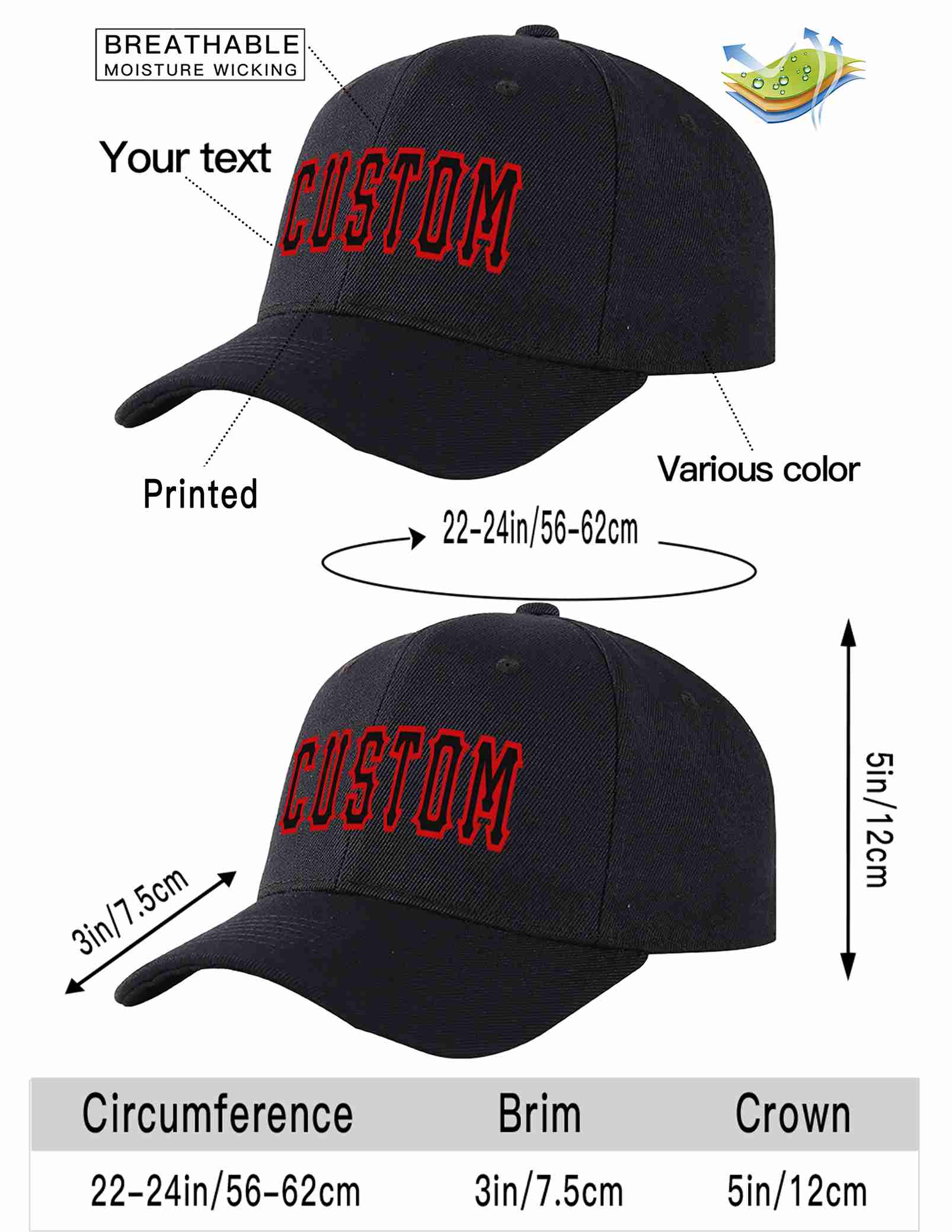 Custom Black Black-Red Curved Eaves Sport Baseball Cap Design for Men/Women/Youth