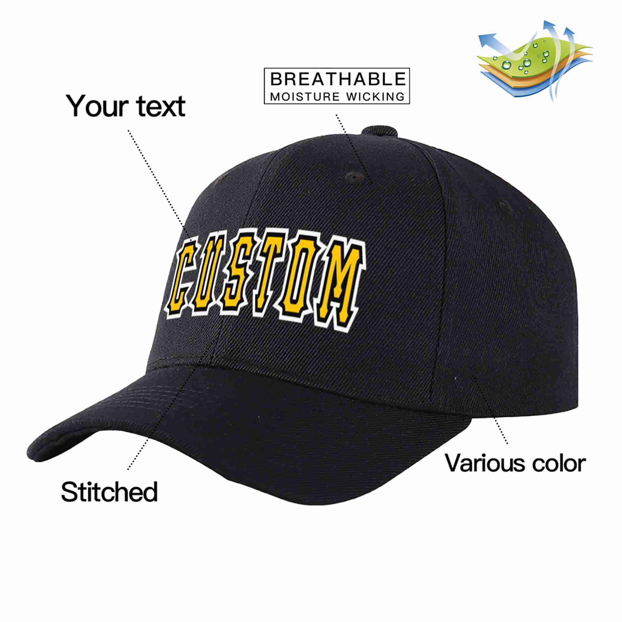 Custom Black Gold-Black Curved Eaves Sport Baseball Cap Design for Men/Women/Youth