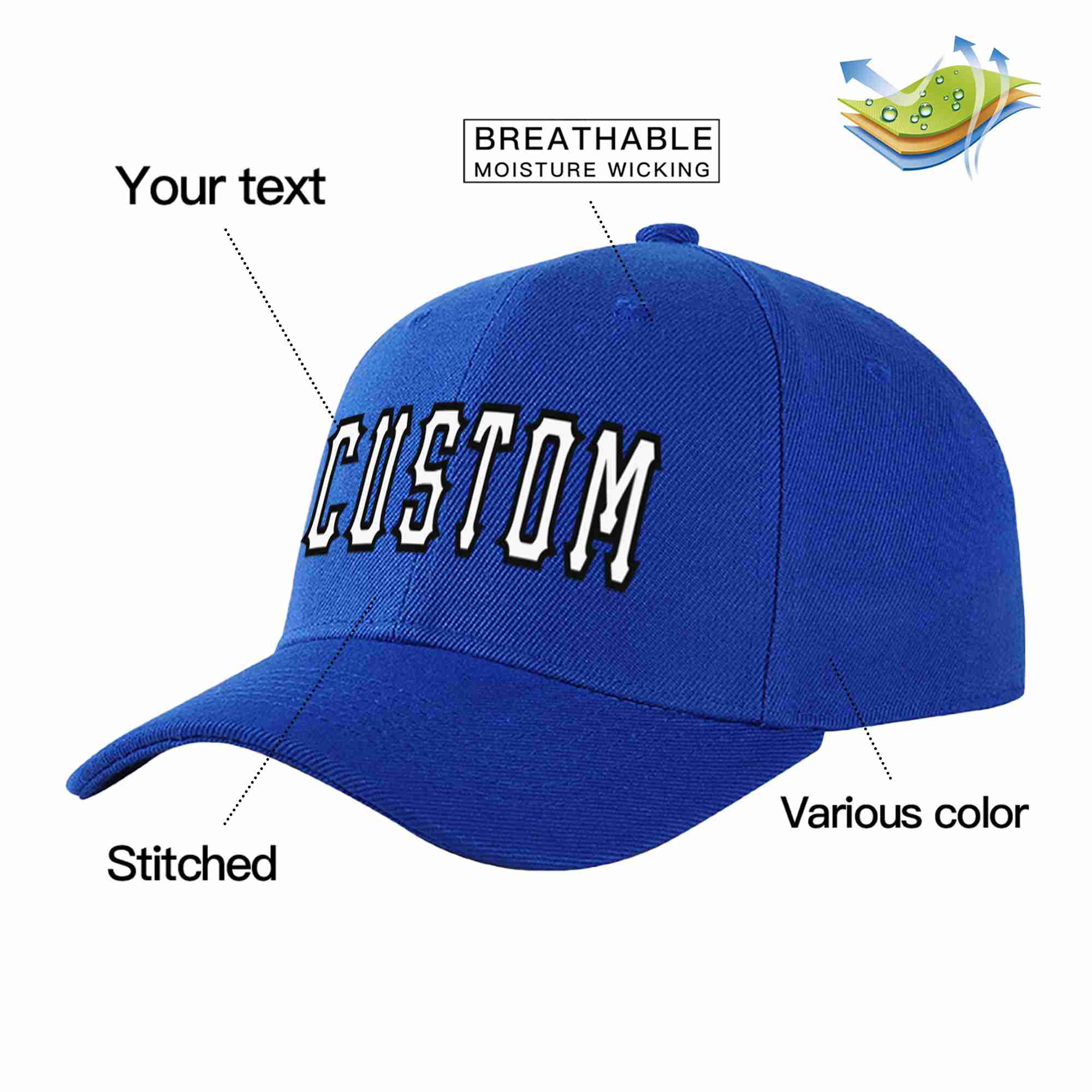 Conception personnalisée de casquette de baseball de sport incurvée Eaves blanc-noir royal pour hommes/femmes/jeunes