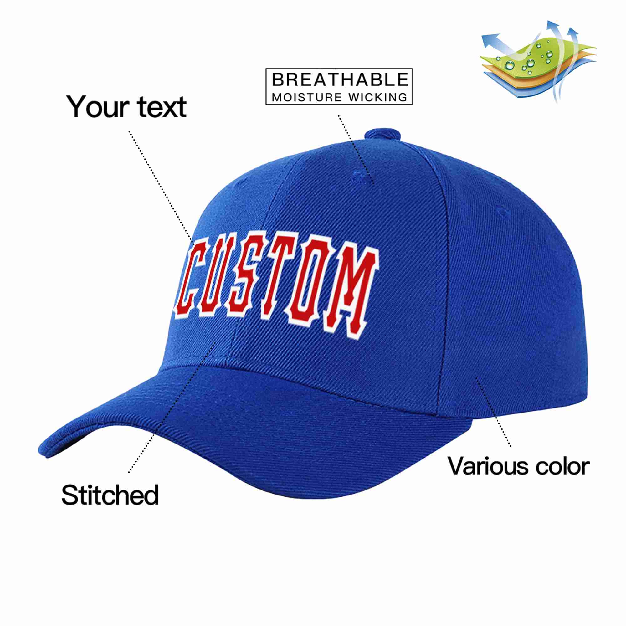 Conception personnalisée de casquette de baseball de sport incurvée rouge-blanc royal pour hommes/femmes/jeunes