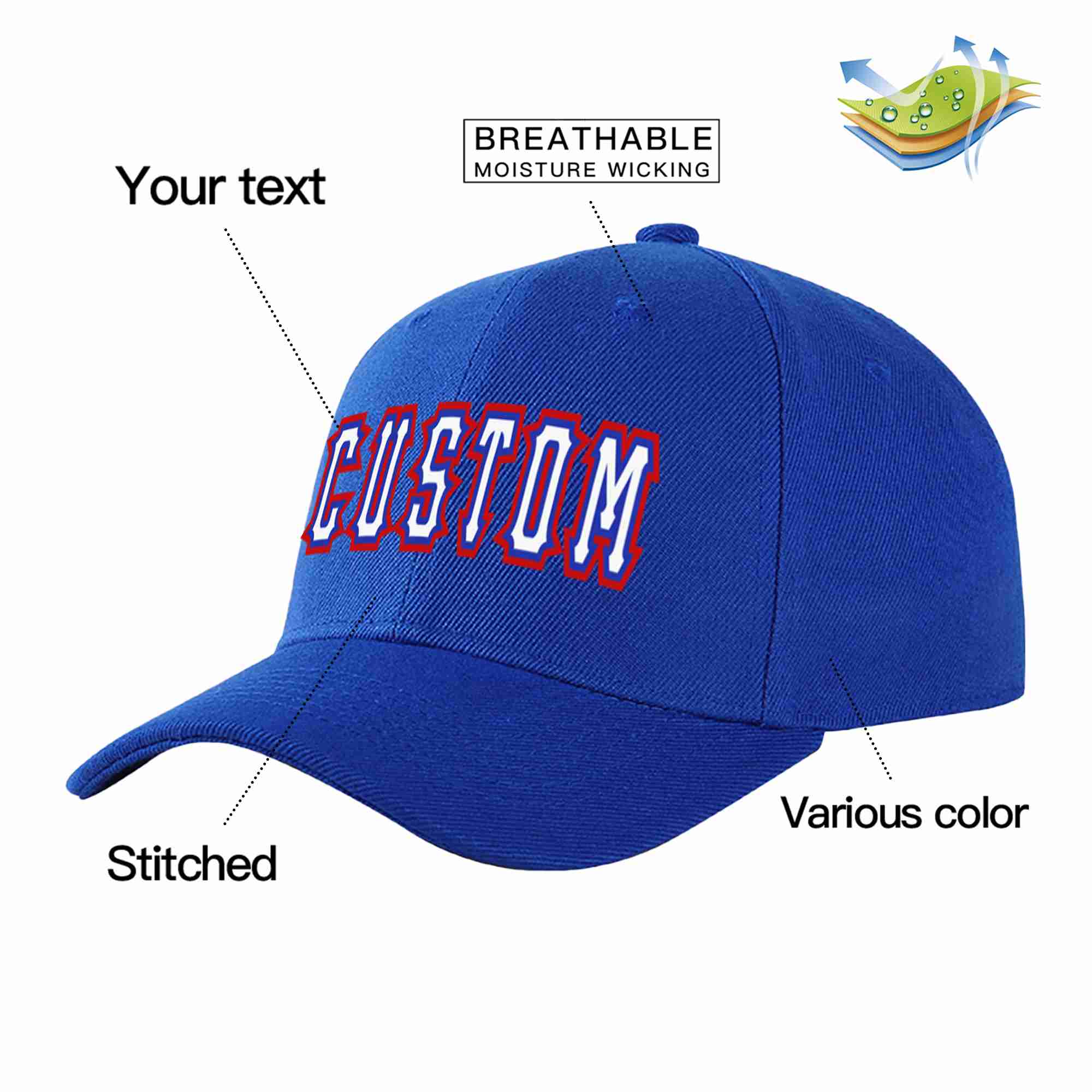 Casquette de baseball personnalisée Royal White-Royal Curved Eaves Sport pour hommes/femmes/jeunes