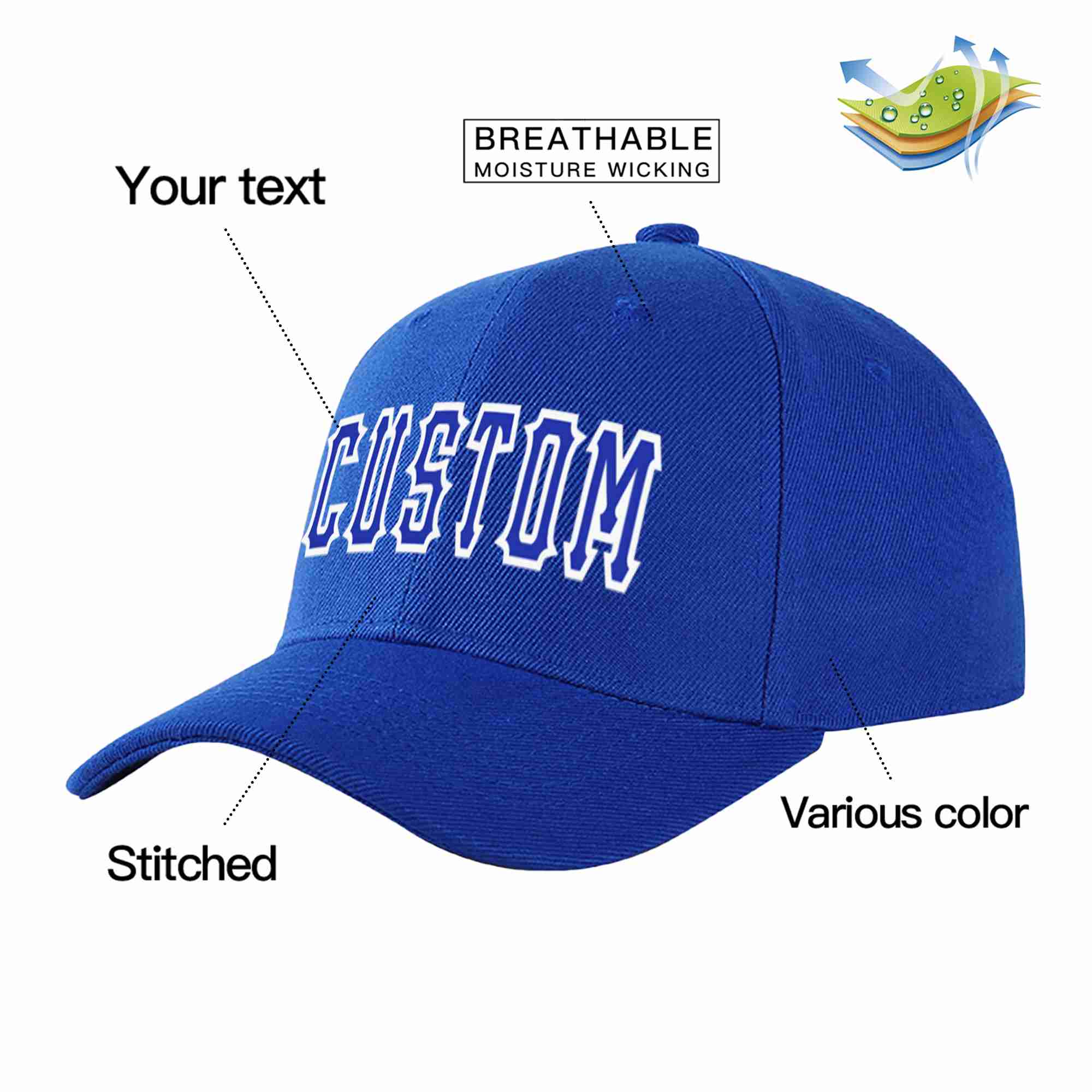 Casquette de baseball personnalisée Royal Royal-White Curved Eaves Sport pour hommes/femmes/jeunes