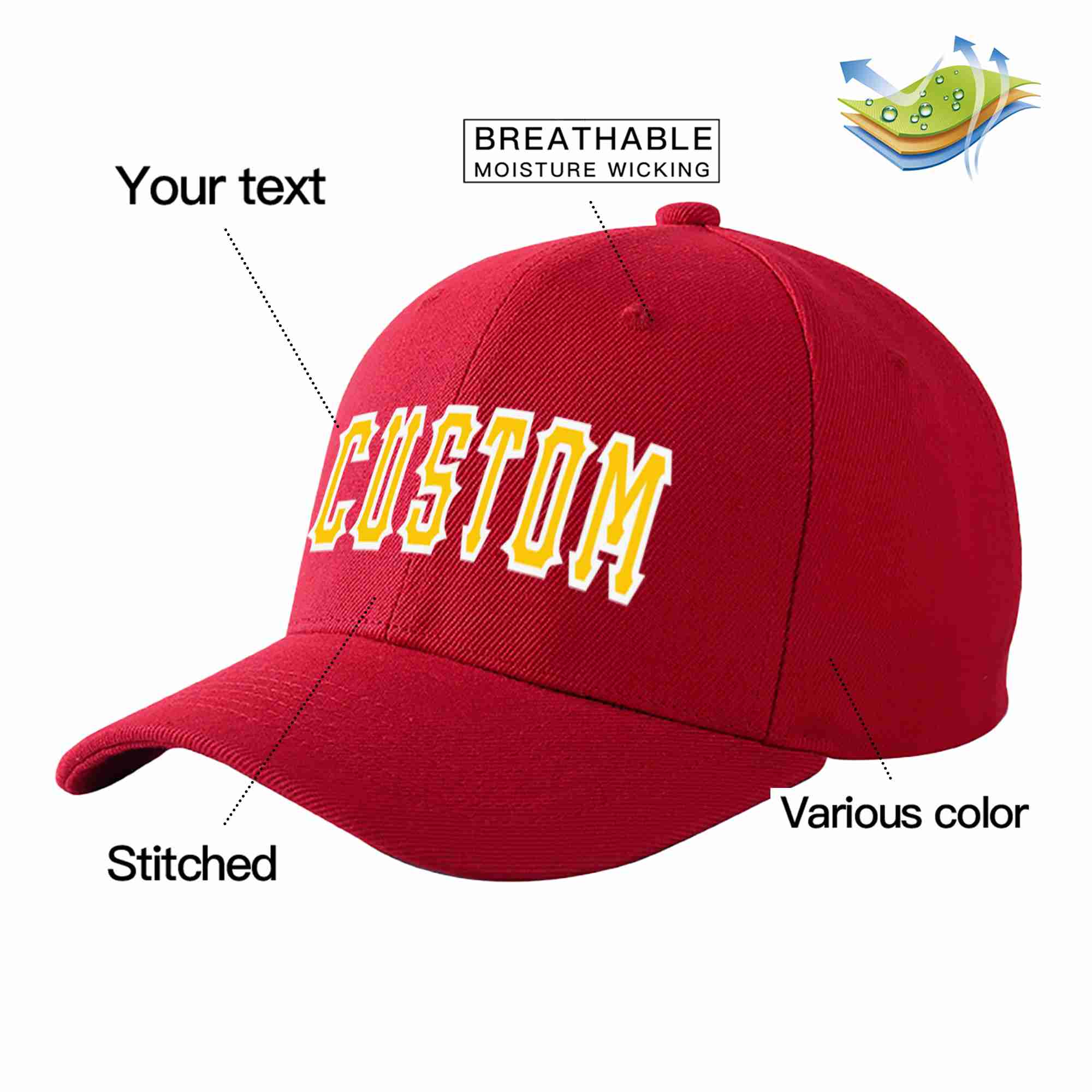 Custom Red Gold-White Curved Eaves Sport Baseball Cap Design for Men/Women/Youth