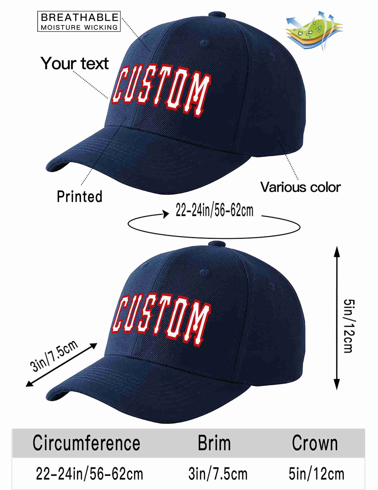 Custom Navy White-Red Curved Eaves Sport Baseball Cap Design for Men/Women/Youth