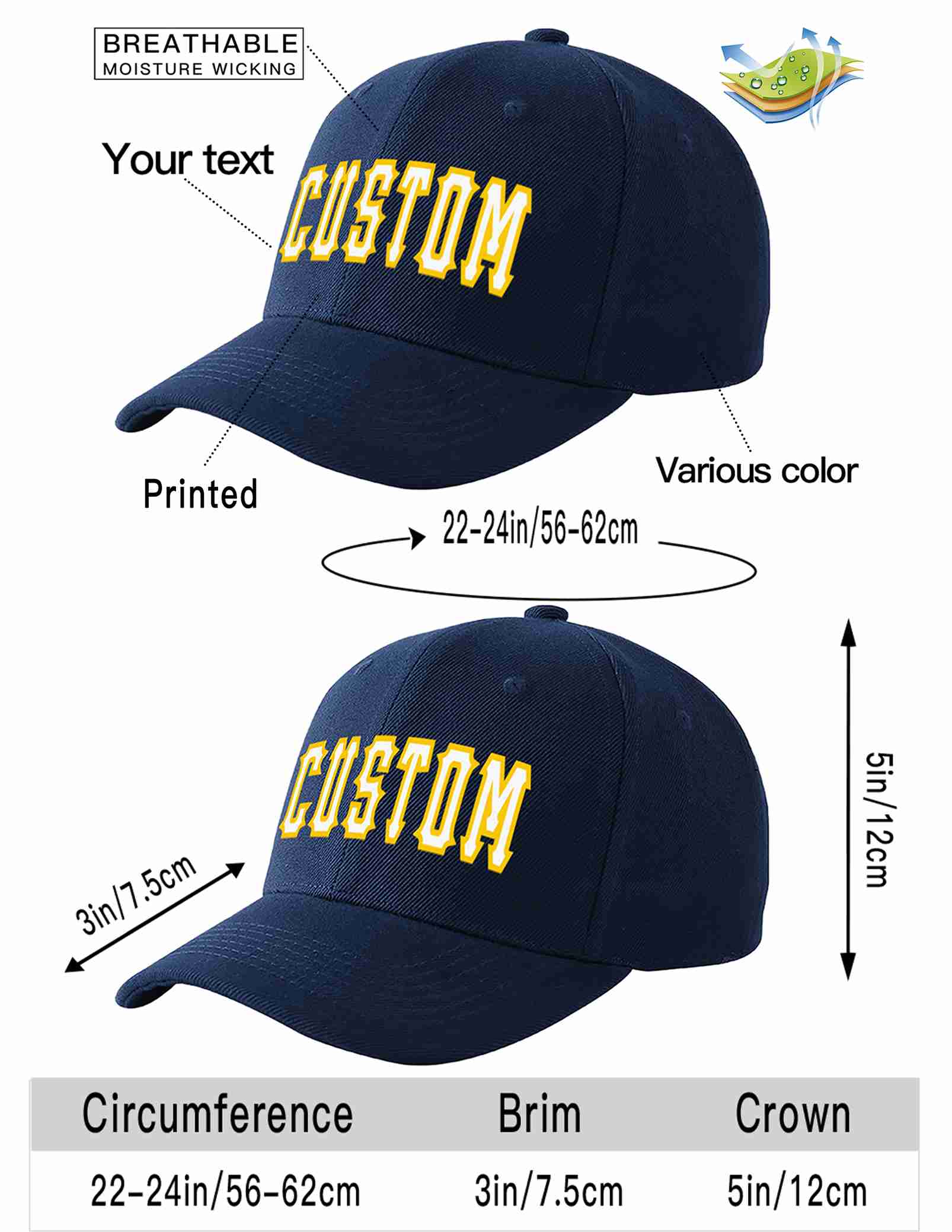 Custom Navy White-Gold Curved Eaves Sport Baseball Cap Design for Men/Women/Youth