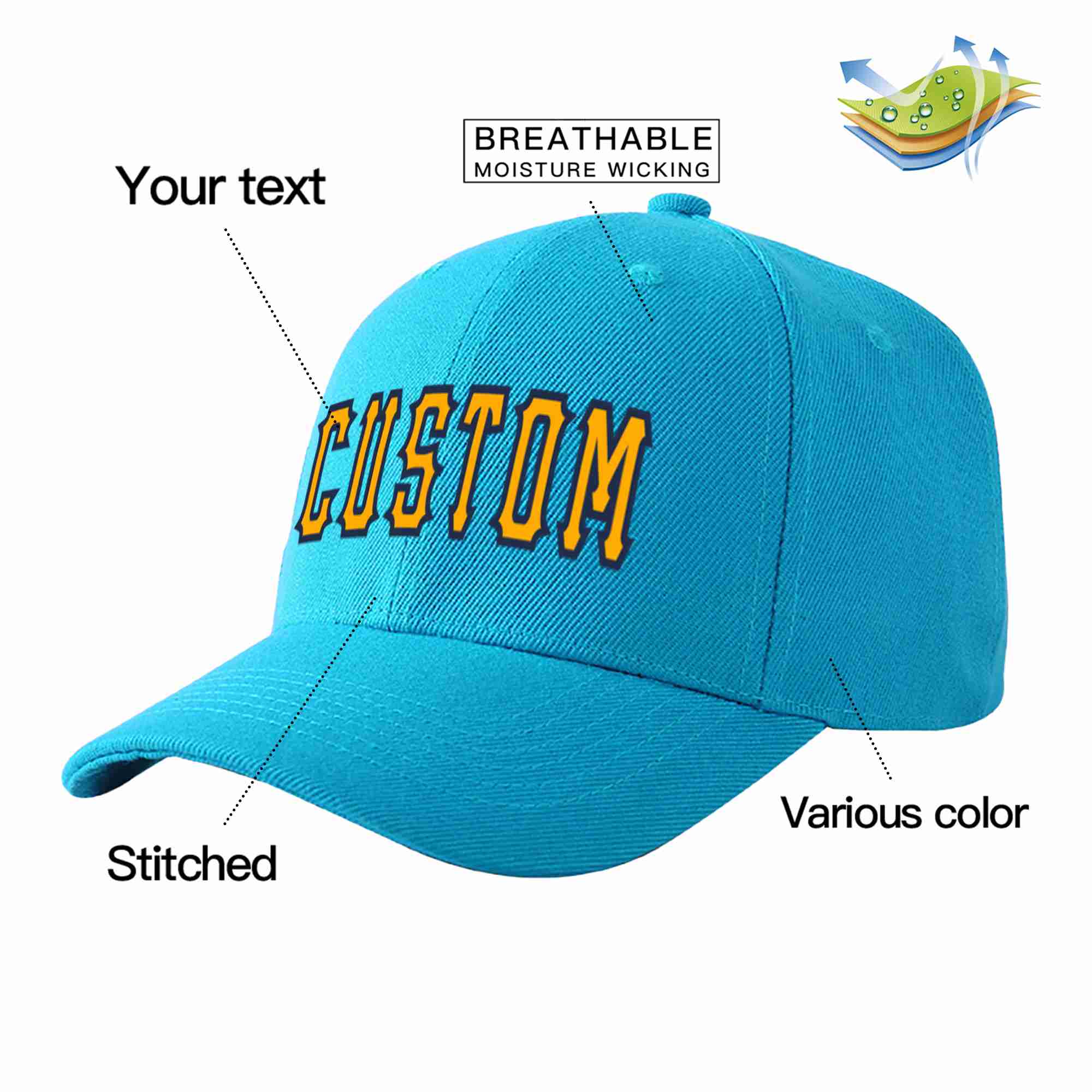 Conception personnalisée de casquette de baseball de sport incurvée jaune-marine pour hommes/femmes/jeunes