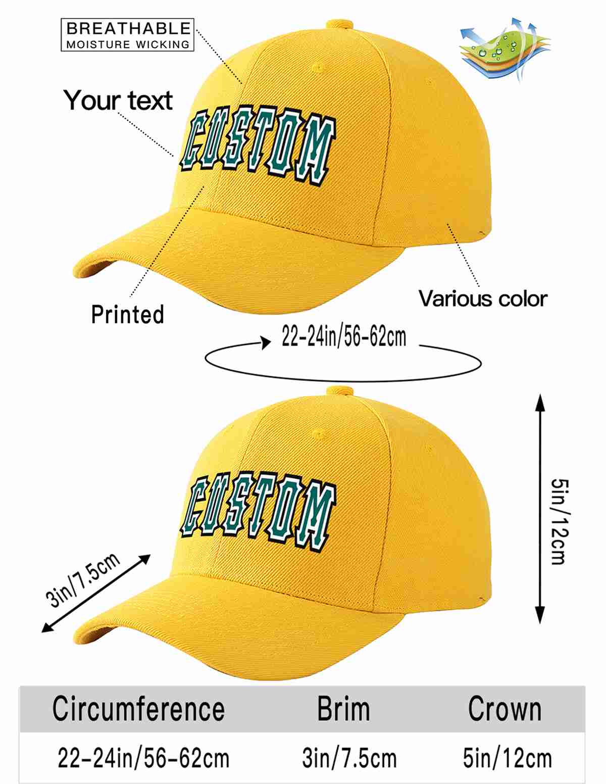 Custom Gold Aqua-White Curved Eaves Sport Baseball Cap Design for Men/Women/Youth