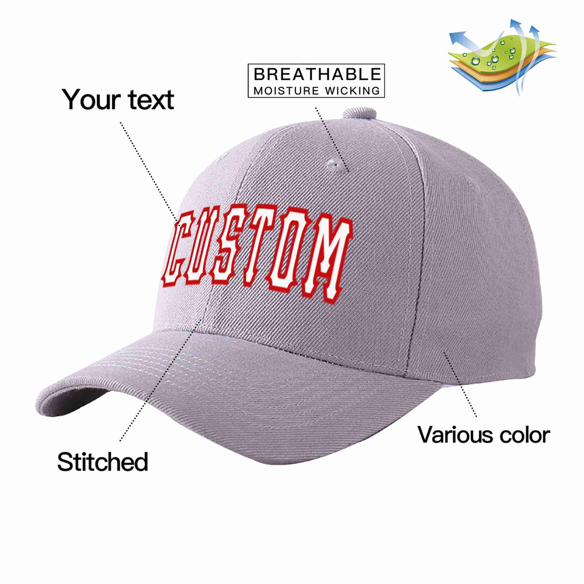 Conception personnalisée de casquette de baseball de sport incurvée gris blanc-rouge pour hommes/femmes/jeunes