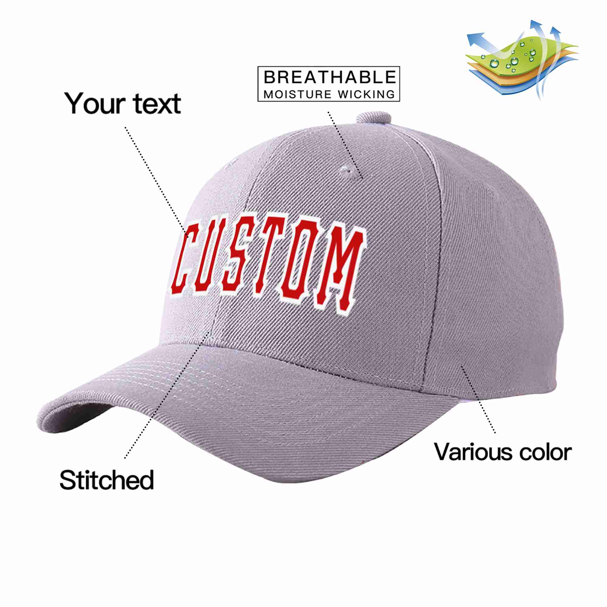 Custom Gray Red-White Curved Eaves Sport Baseball Cap Design for Men/Women/Youth