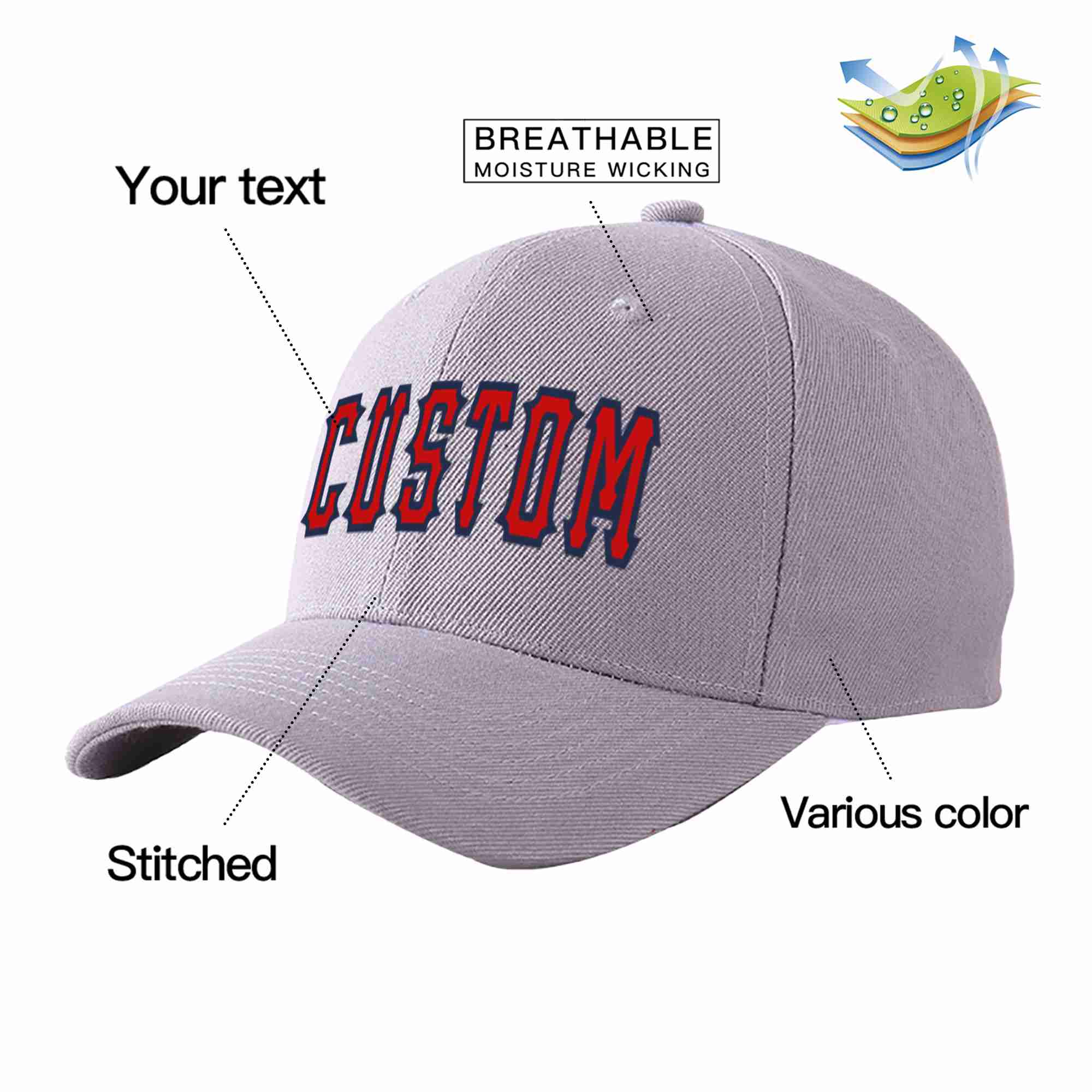 Conception personnalisée de casquette de baseball de sport courbée gris rouge-marine pour hommes/femmes/jeunes