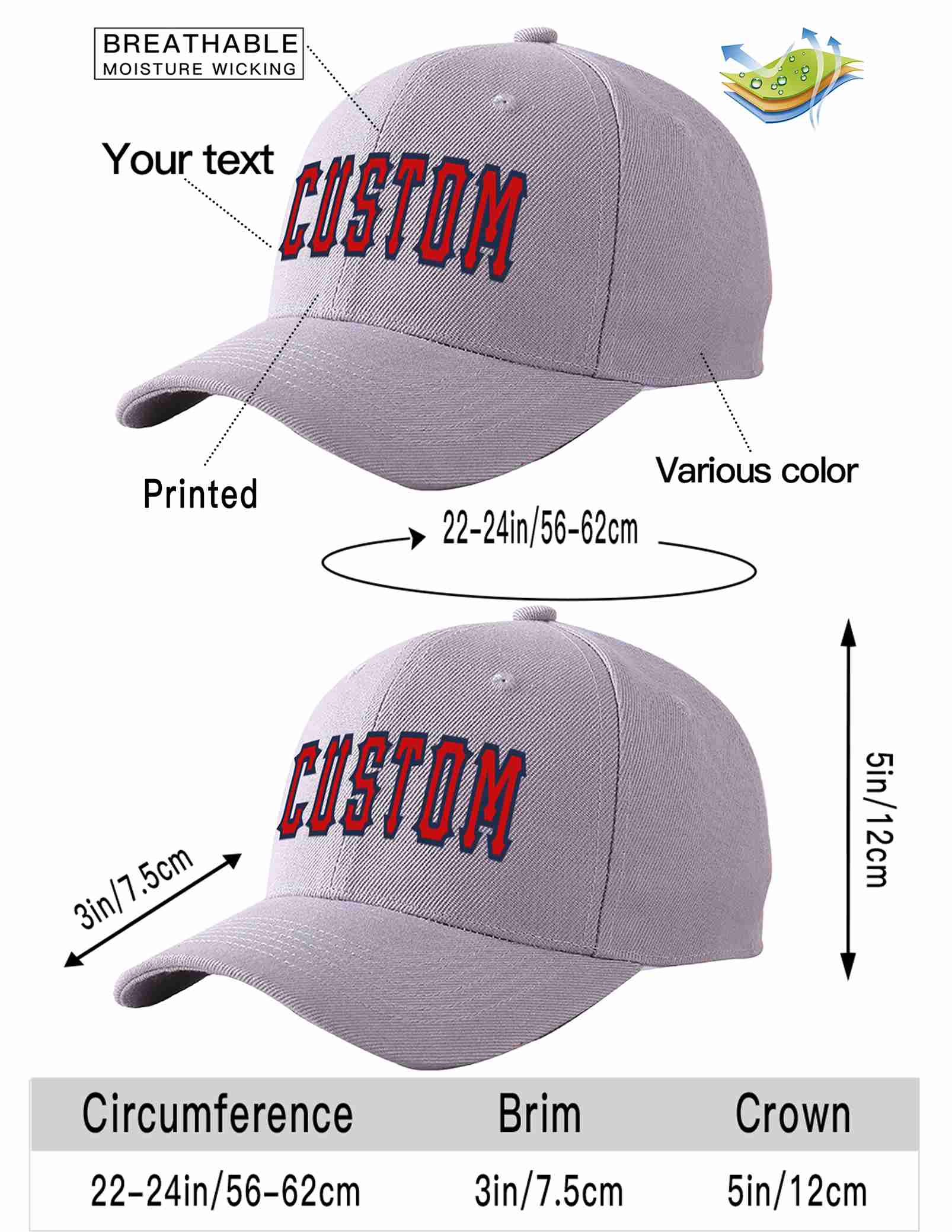 Custom Gray Red-Navy Curved Eaves Sport Baseball Cap Design for Men/Women/Youth