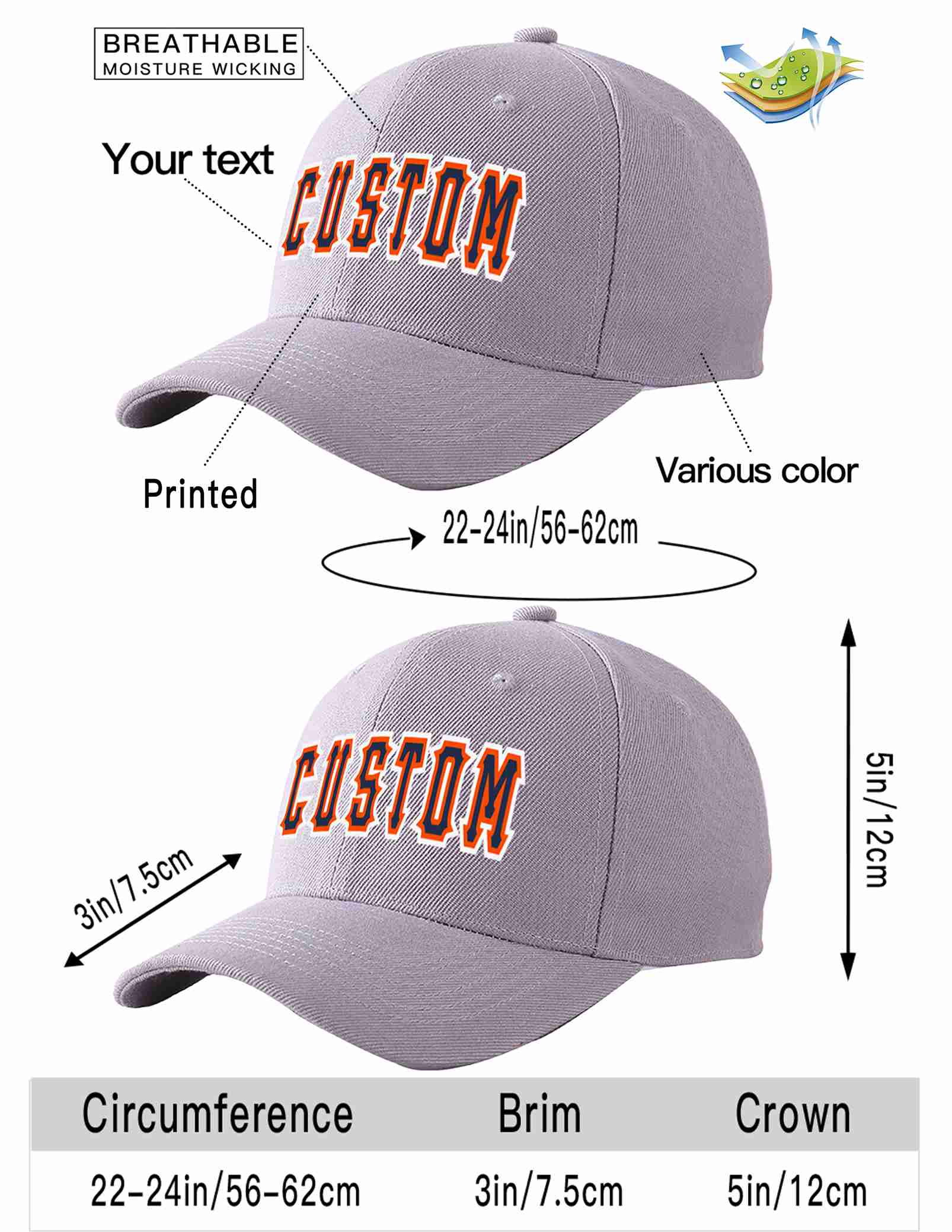 Conception personnalisée de casquette de baseball de sport incurvée gris marine-orange pour hommes/femmes/jeunes