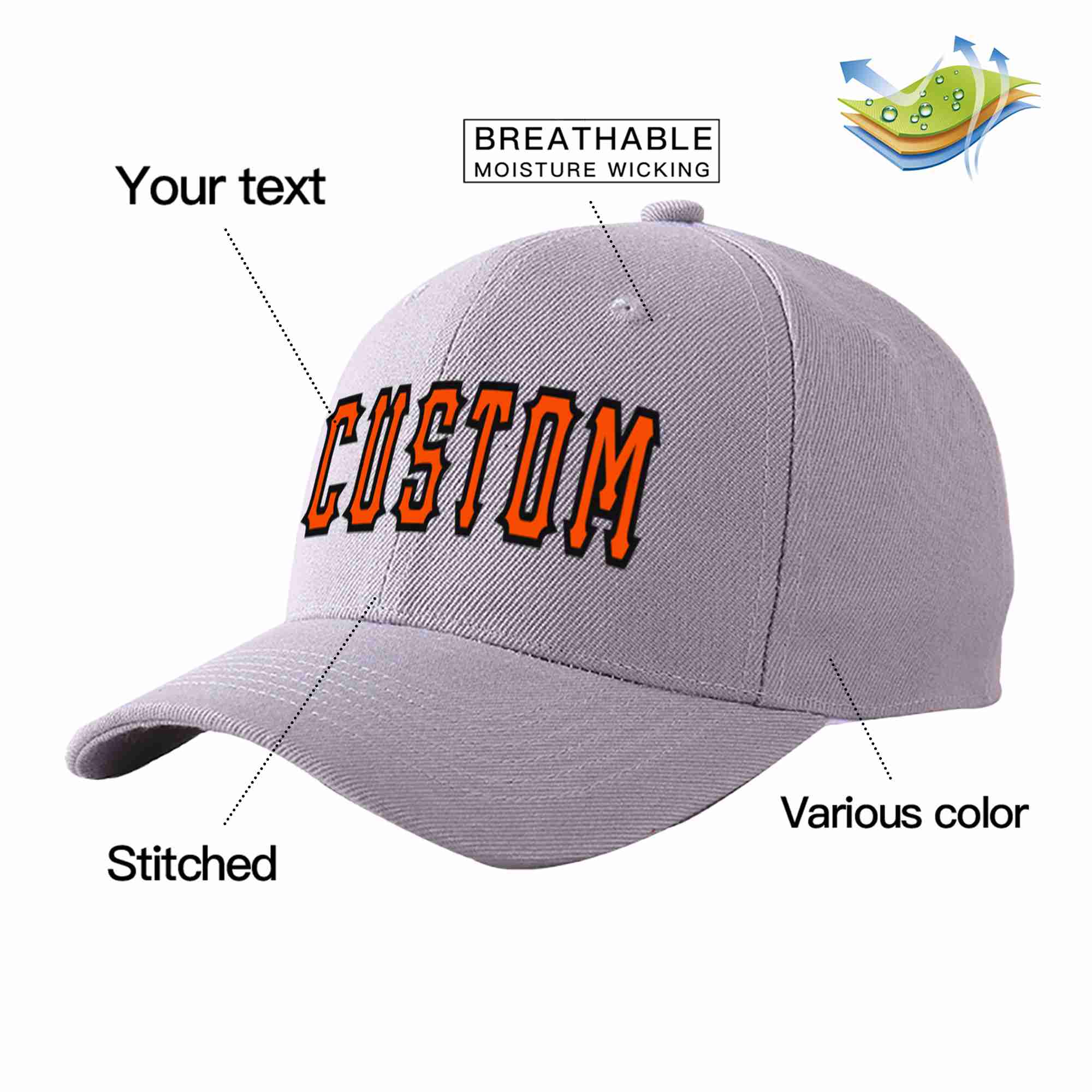 Conception personnalisée de casquette de baseball de sport incurvée gris orange-noir pour hommes/femmes/jeunes