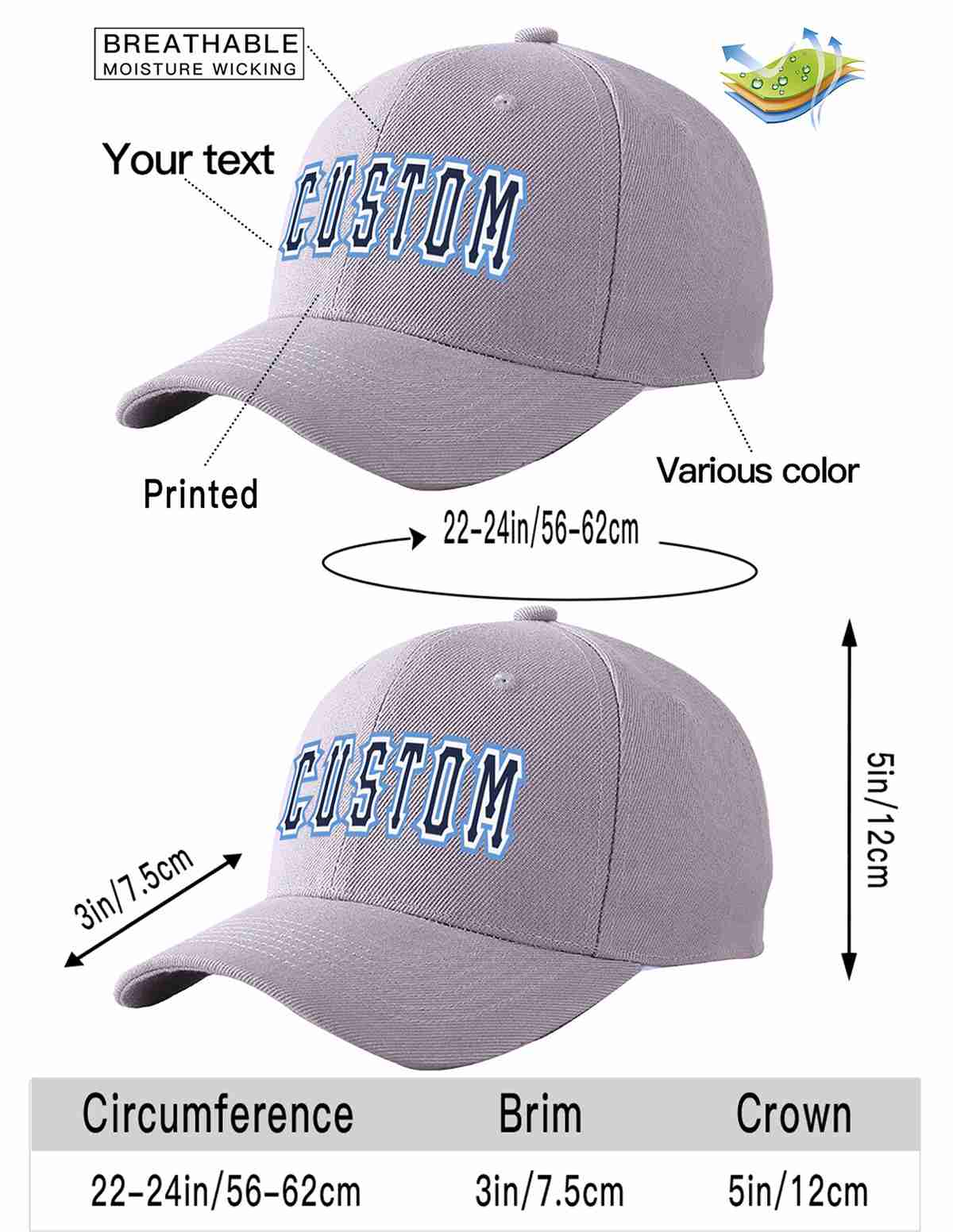 Custom Gray Navy-White Curved Eaves Sport Baseball Cap Design for Men/Women/Youth