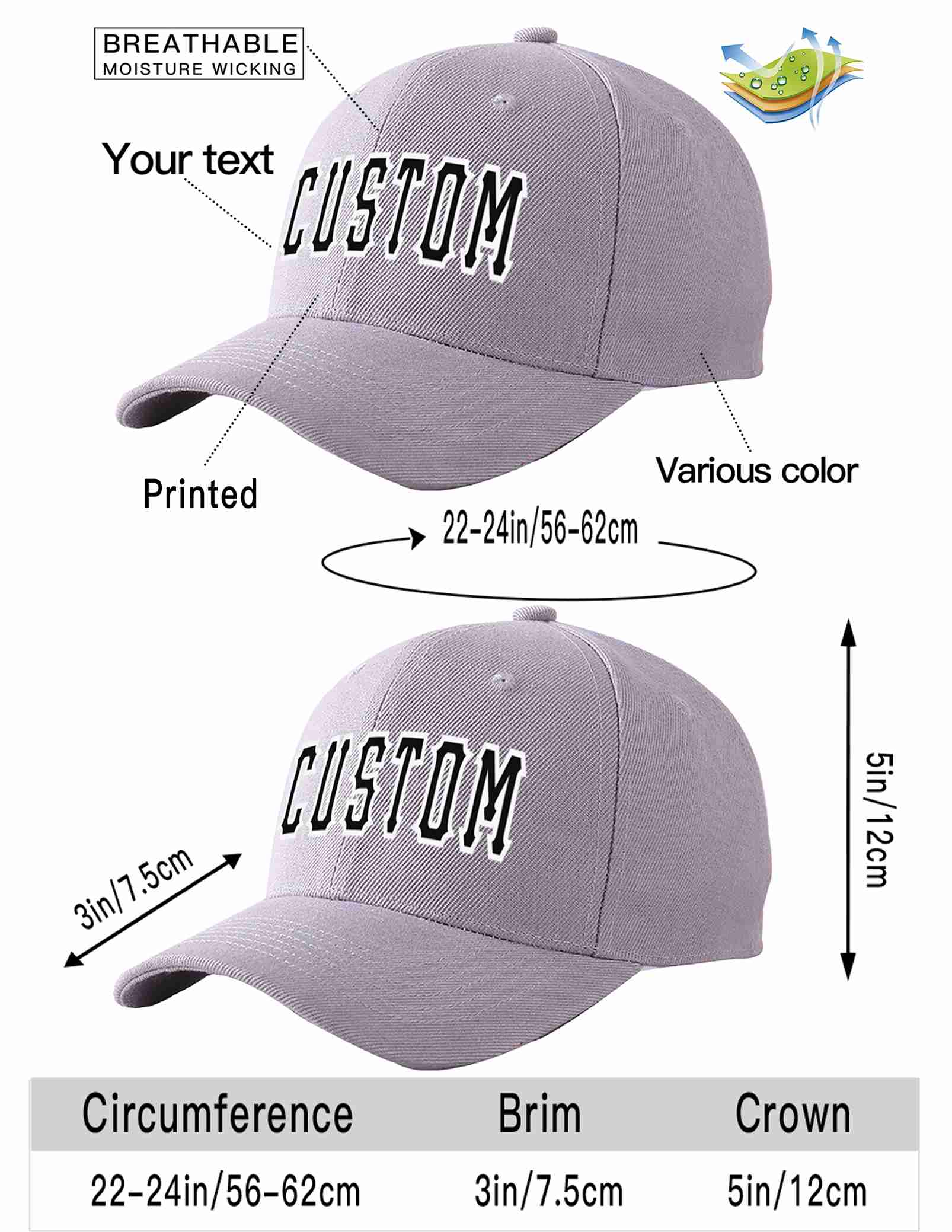 Custom Gray Black-White Curved Eaves Sport Baseball Cap Design for Men/Women/Youth