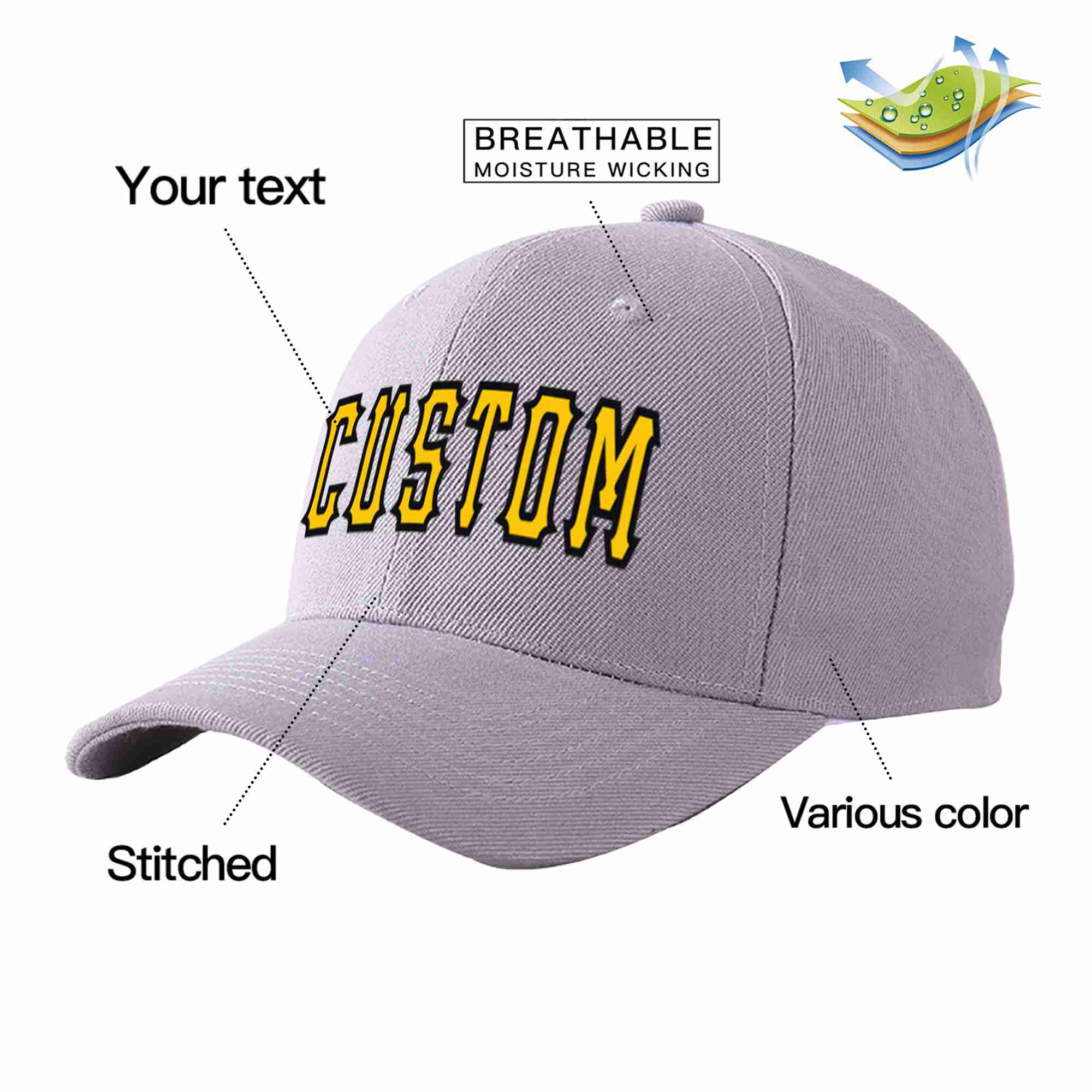 Custom Gray Gold-Black Curved Eaves Sport Baseball Cap Design for Men/Women/Youth