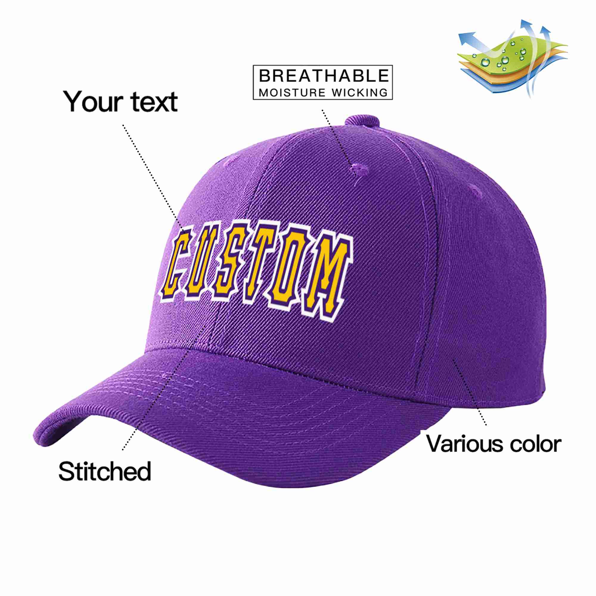 Custom Purple Gold-Purple Curved Eaves Sport Baseball Cap Design for Men/Women/Youth