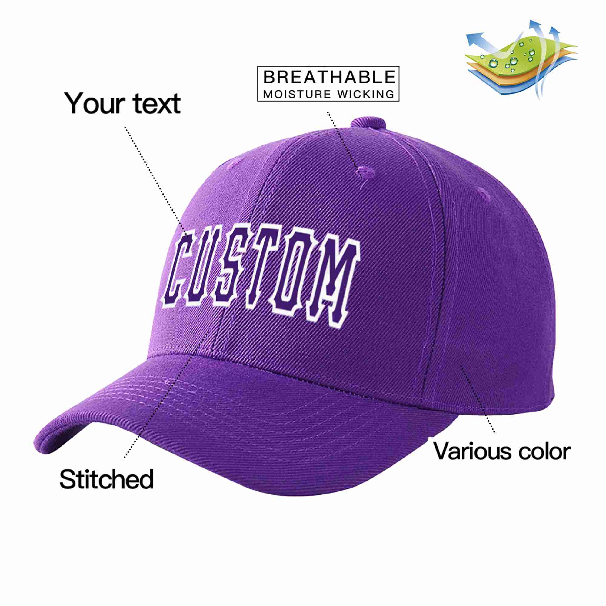 Conception personnalisée de casquette de baseball de sport incurvée violet-blanc pour hommes/femmes/jeunes