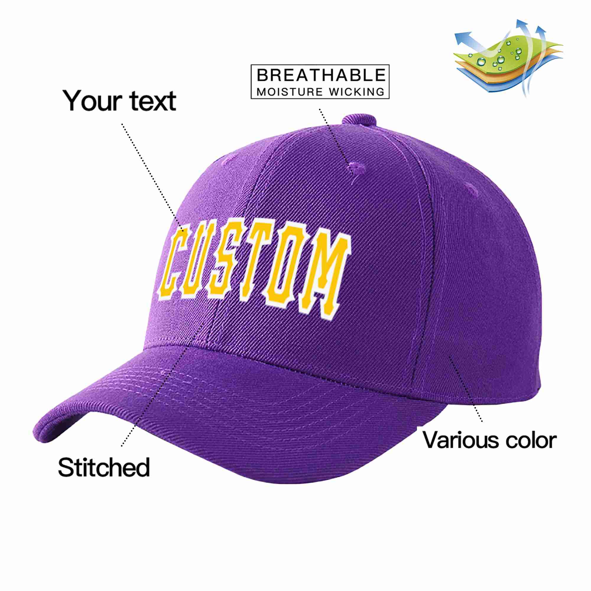 Custom Purple Gold-White Curved Eaves Sport Baseball Cap Design for Men/Women/Youth