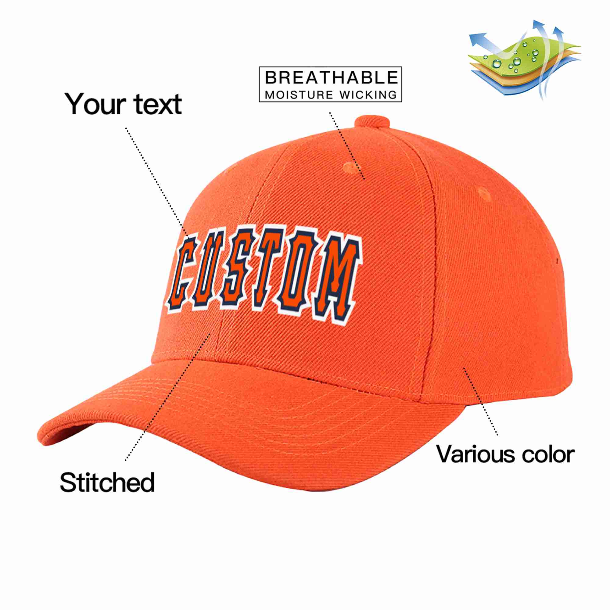 Conception personnalisée de casquette de baseball de sport incurvée orange mandarine-marine pour hommes/femmes/jeunes