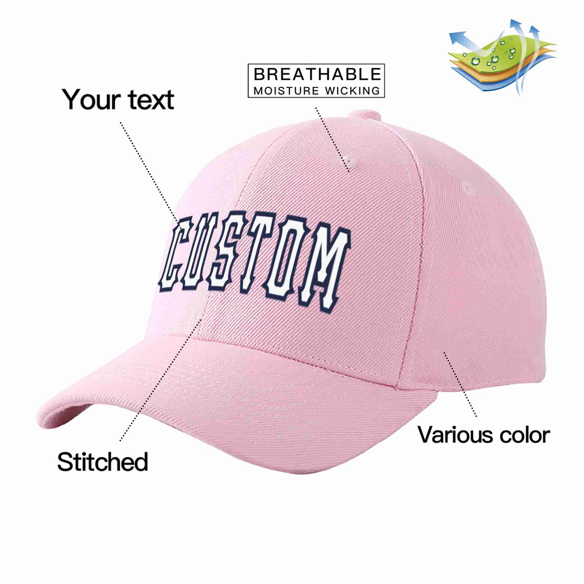 Conception personnalisée de casquette de baseball de sport incurvée rose blanc-marine pour hommes/femmes/jeunes