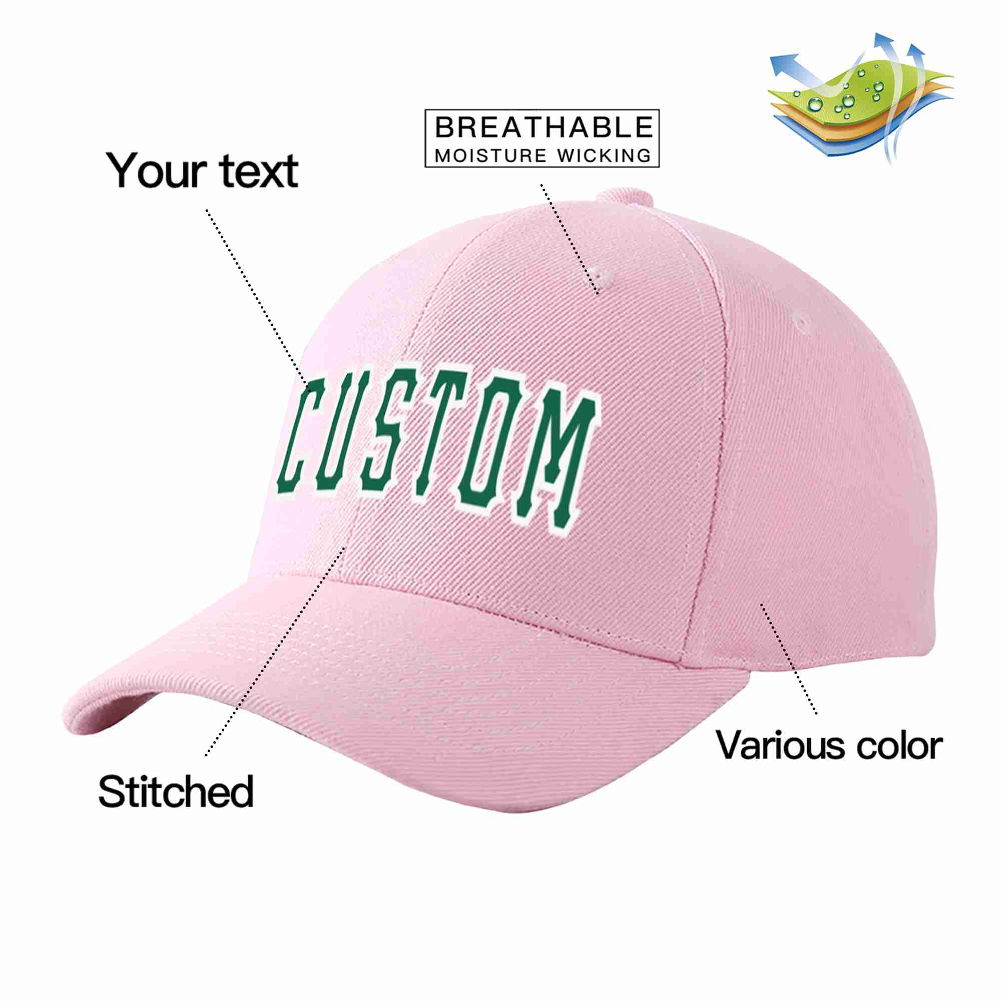 Custom Pink Kelly Green-White Curved Eaves Sport Baseball Cap Design for Men/Women/Youth