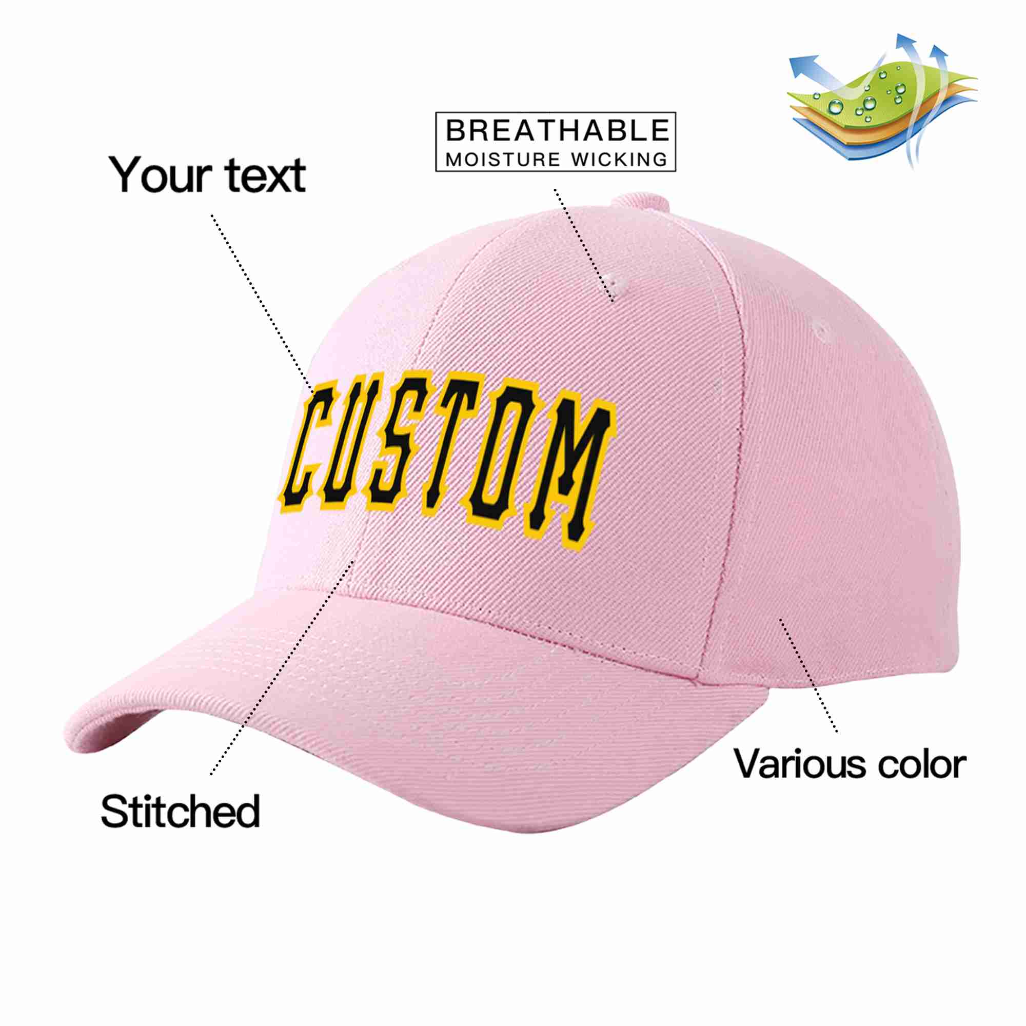 Conception personnalisée de casquette de baseball de sport incurvée rose noir-or pour hommes/femmes/jeunes