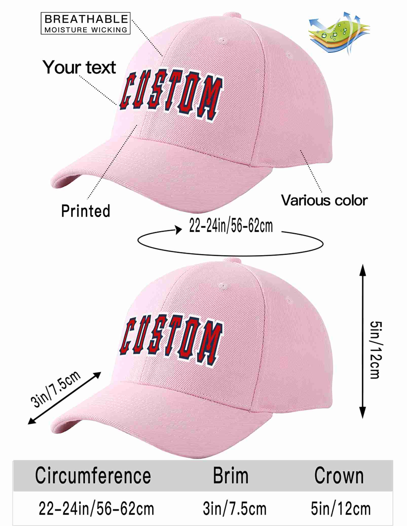 Custom Pink Red-Navy Curved Eaves Sport Baseball Cap Design for Men/Women/Youth