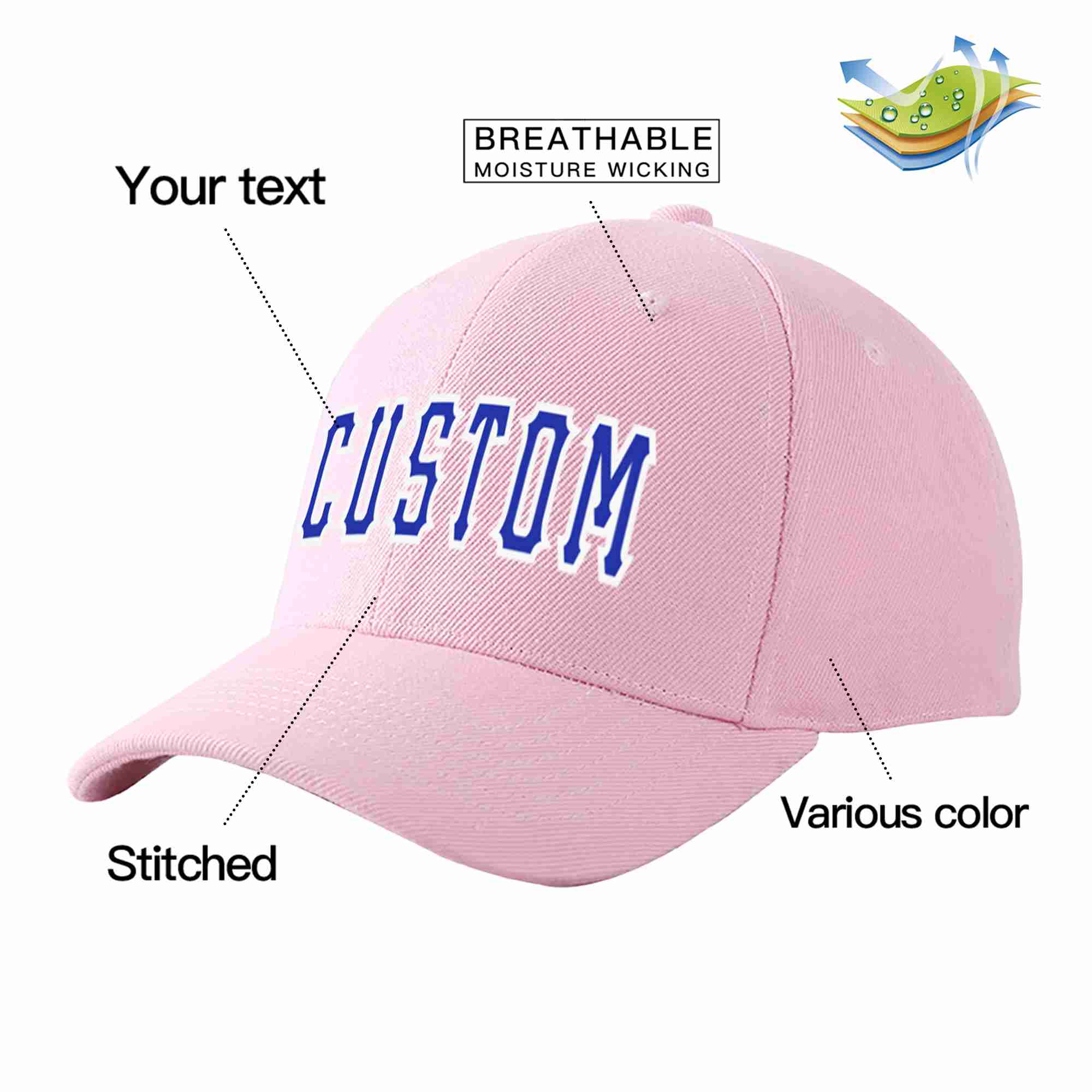 Conception personnalisée de casquette de baseball de sport incurvée rose royal-blanc pour hommes/femmes/jeunes